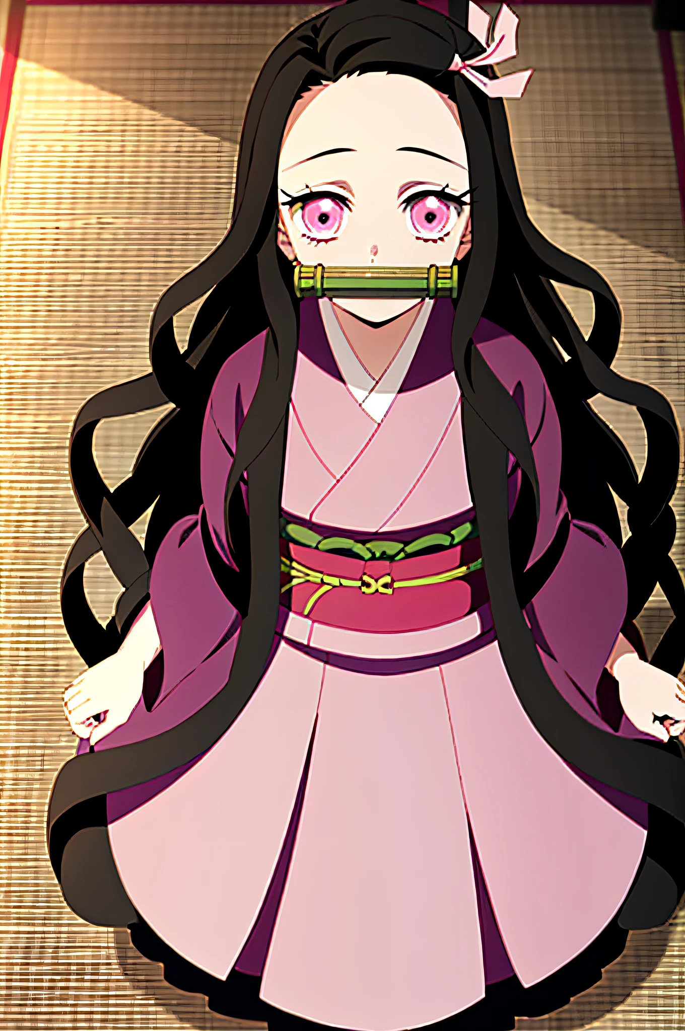 kamado nezuko, kimetsu no yaiba style, 1girl, black hair, forehead, hair ribbon, japanese clothes, kimono, long hair, multicolored hair, pink eyes, pink kimono, pink ribbon, ribbon, very long hair, gagged, bit gag, ((masterpiece))