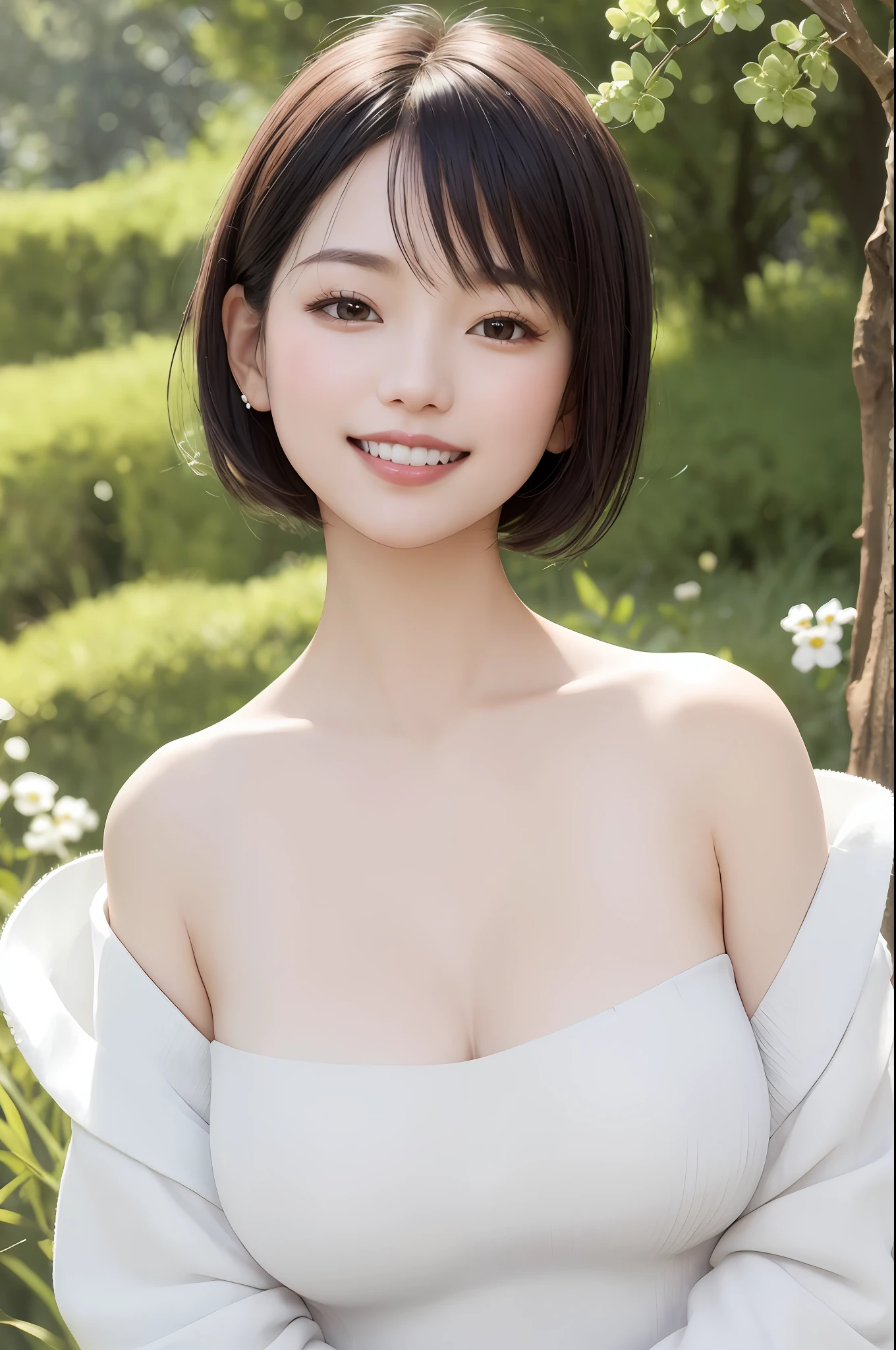 A japanese woman stands in a park where white clover blooms all around, a forest can be seen in the background, exquisite and beautiful face, exquisite collarbone, seductive and delicate collarbone, charming fragrant shoulders, shoulders slightly exposed, open-shoulder long sweater,blue sweater, pretty face, peach Red lips, tender and smooth skin,(white skin:1.4),black hair,(bob hair:1.2), short hair,(smile:1.2),smile with teeth, white teeth,very realistic details, ultra-high resolution,bokeh,outstanding details, 8K, pigeon chest