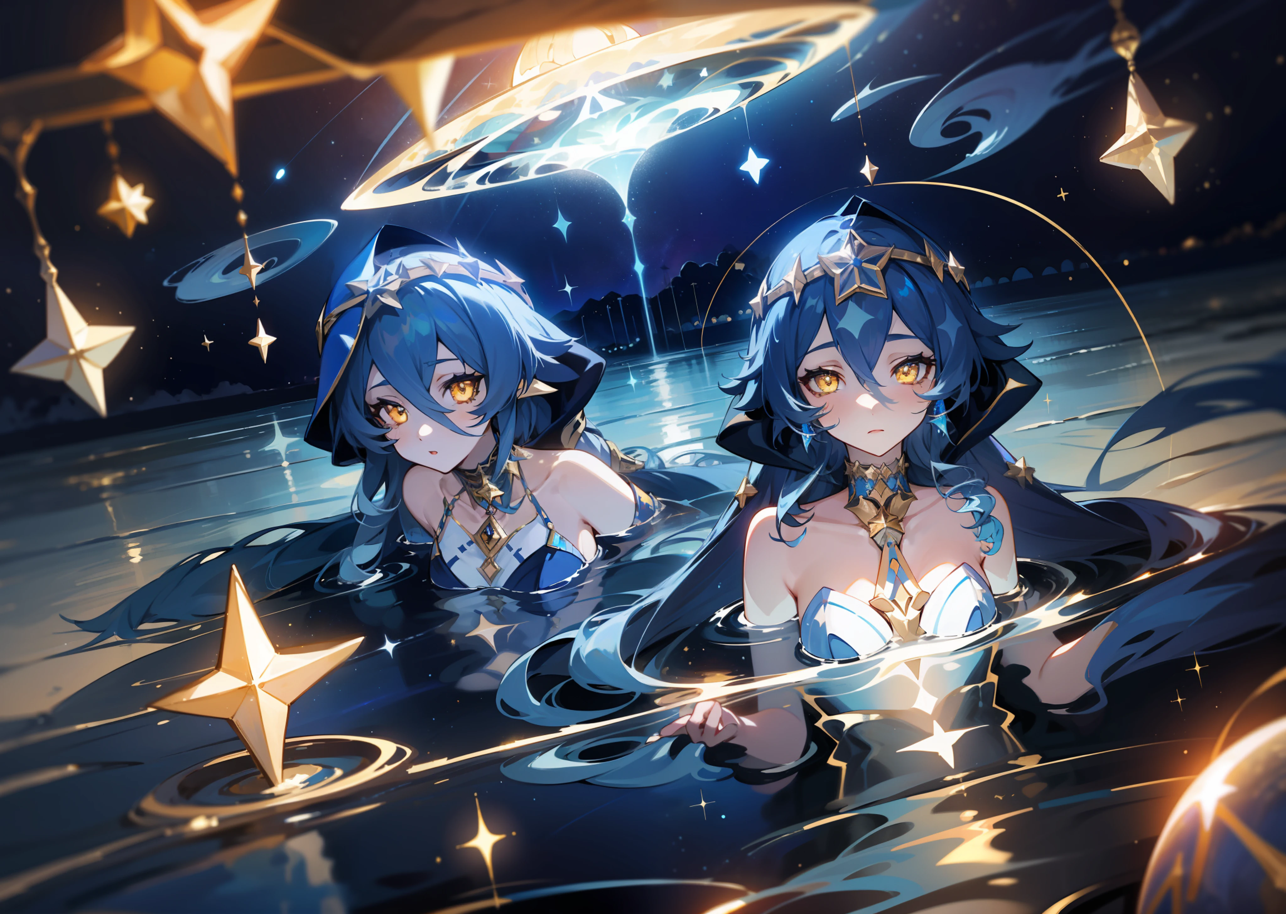 (1girl), illustration, Layla \(Genshin Impact\), choker, star \(symbol\), golden eyes, yellow eyes, glowing eyes, eyes with stars, earrings, gold jewelry, blue skirt, blue dress, landscape, night, reflection, water, magic, deep sea, swimming, drowning, drowning, radiance, space, star explosion