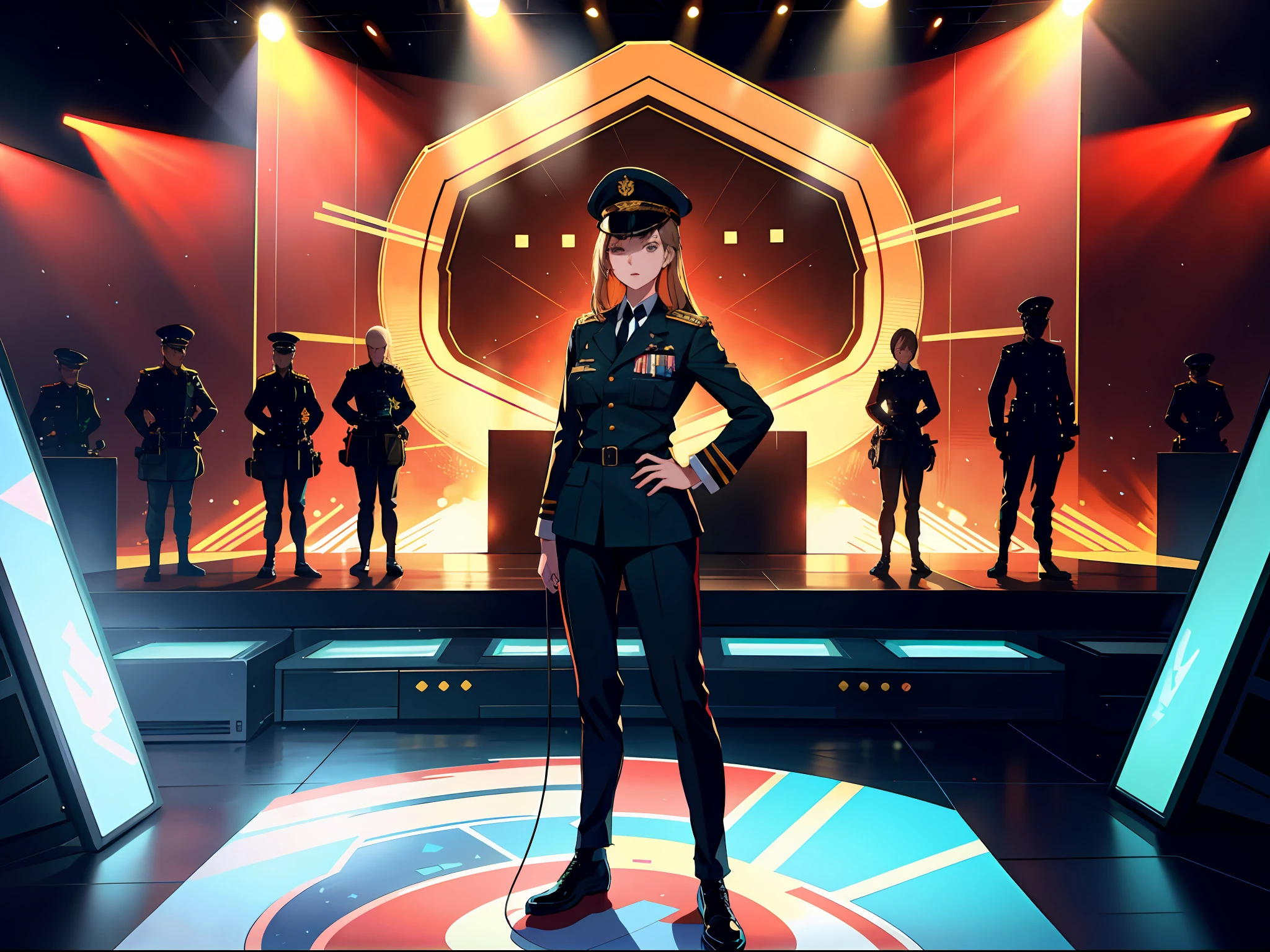 High resolution, highest quality, illustrations, super detail, a female host in military uniform is standing in front of the speech stage, behind an oversized electronic screen, soft spotlights, a group of people