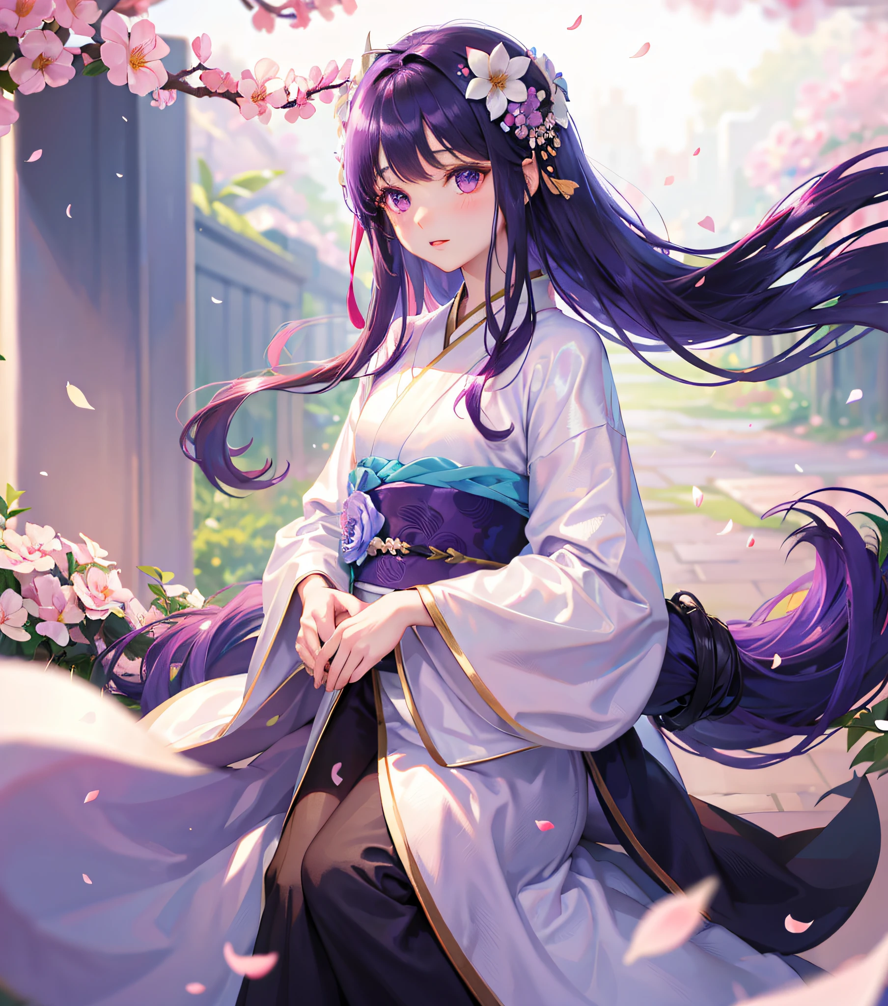White background, 1 girl, fluttering petals, (depth of field, blur, background blur, bokeh: 1.2), gorgeous hanfu, satin, garden, flowers, purple eyes, long hair,