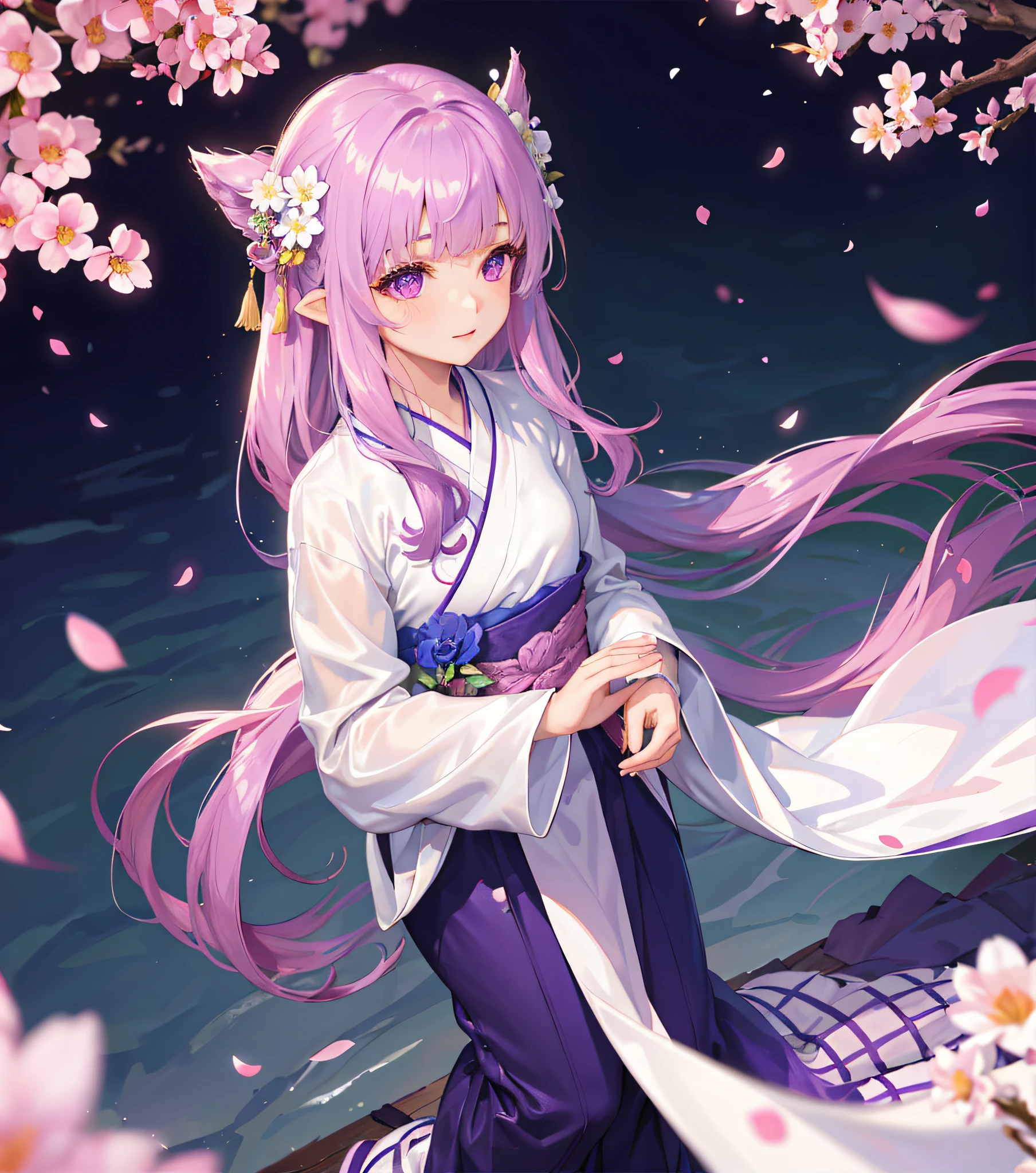 White background, 1 girl, fluttering petals, (depth of field, blur, background blur, bokeh: 1.2), gorgeous hanfu, satin, garden, flowers, purple eyes, long hair,