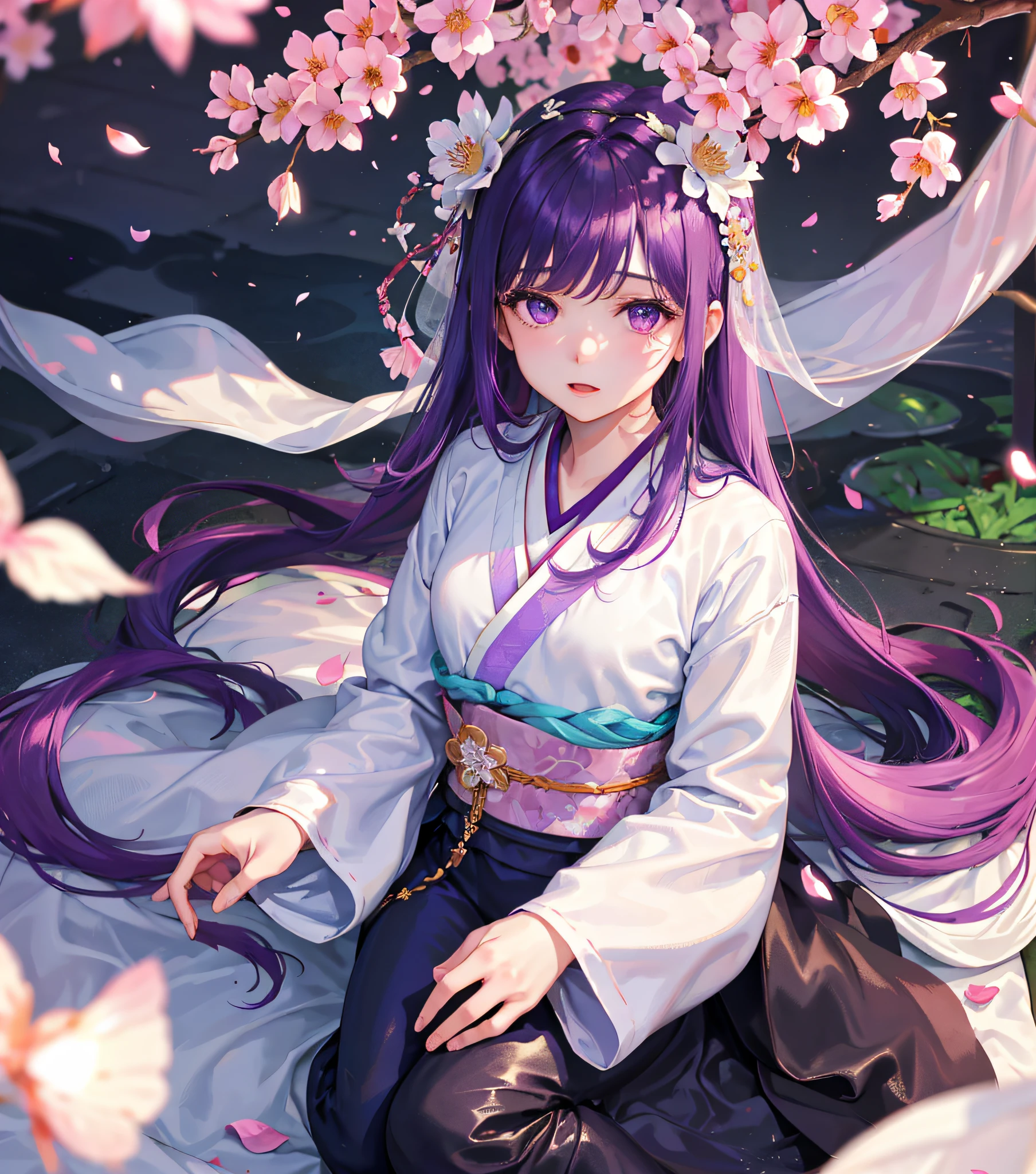 White background, 1 girl, fluttering petals, (depth of field, blur, background blur, bokeh: 1.2), gorgeous hanfu, satin, garden, flowers, purple eyes, long hair,