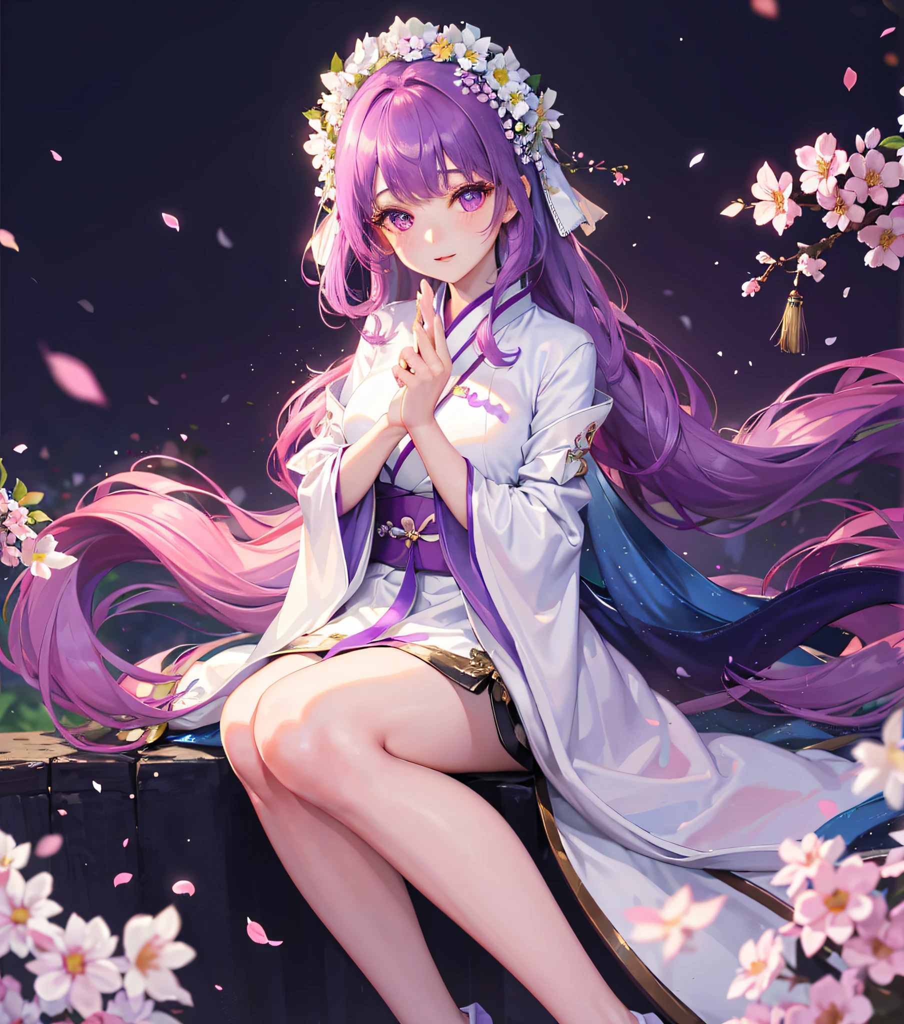 White background, 1 girl, fluttering petals, (depth of field, blur, background blur, bokeh: 1.2), gorgeous hanfu, satin, garden, flowers, purple eyes, long hair,