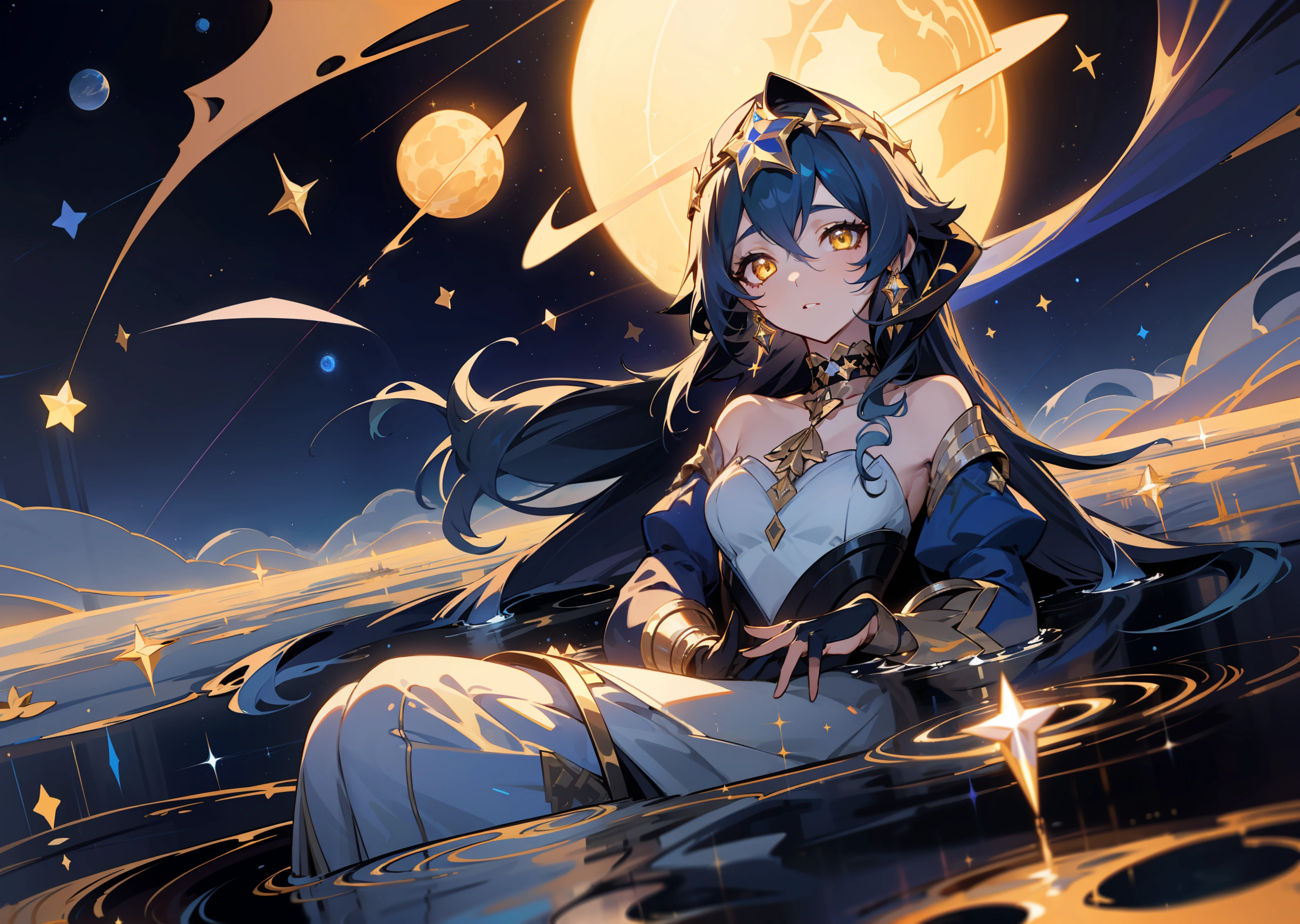 (1girl), illustration, Layla \(Genshin Impact\), choker, star \(symbol\), golden eyes, yellow eyes, glowing eyes, eyes with stars, earrings, gold jewelry, blue skirt, blue dress, landscape, night, reflection, water, magic, drowning, radiance, space, star explosion