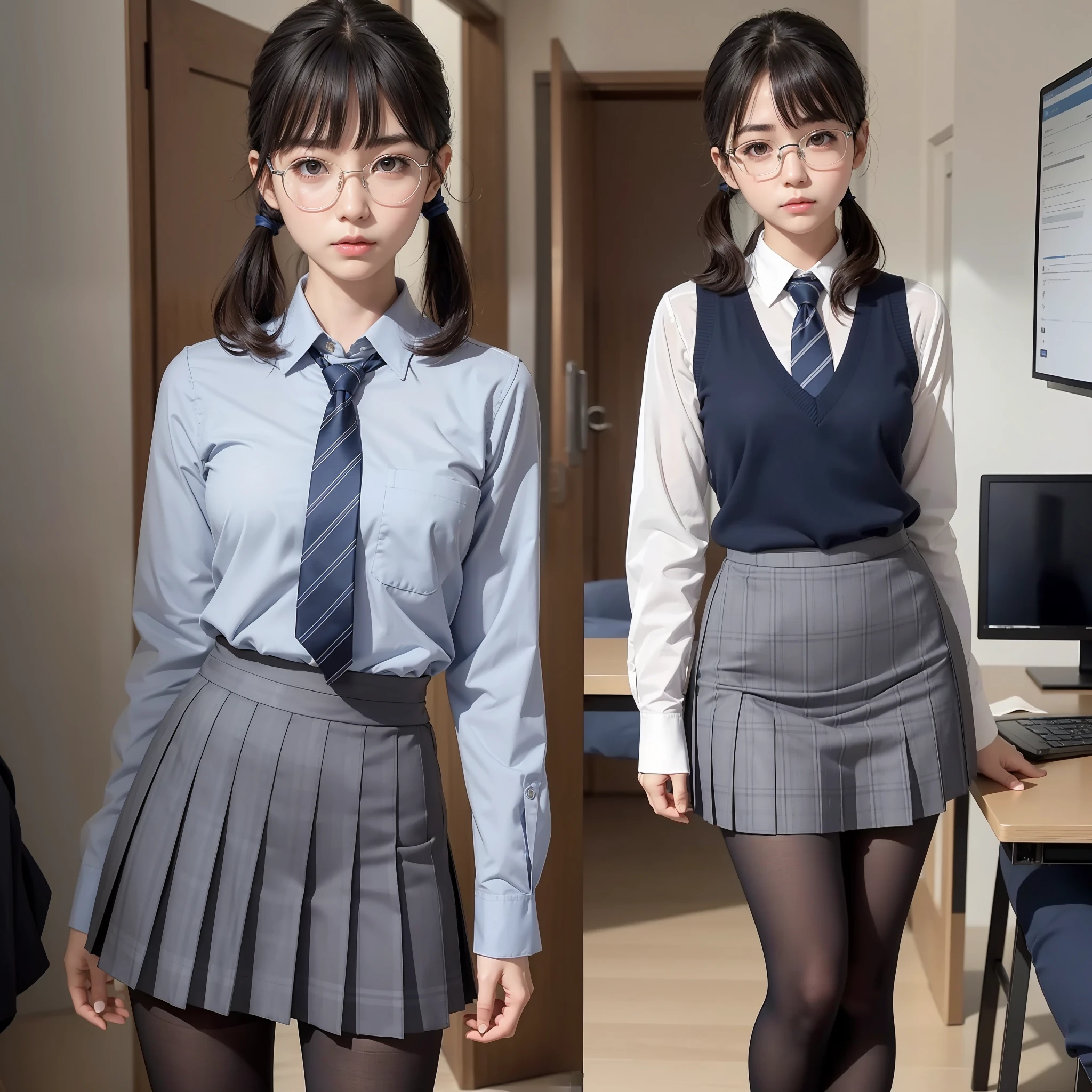 Raw photo, Candid,1 girl, solo, narrow eyes, full body, black pantyhose, office lady, textured skin, ,blue tie, short twin tails, bangs about eyebrows,(medium hair:1.2), pale skin, Japan person, glasses, small, young, tall, dark expression, bright black eyes, anger, school uniform, pleated skirt, gray/silver navy blue checked skirt navy blue × gray check, Slender Body, Medium Build, Small Waist, Wide Thighs, Photorealistic, Top Quality, 8K, Masterpiece
