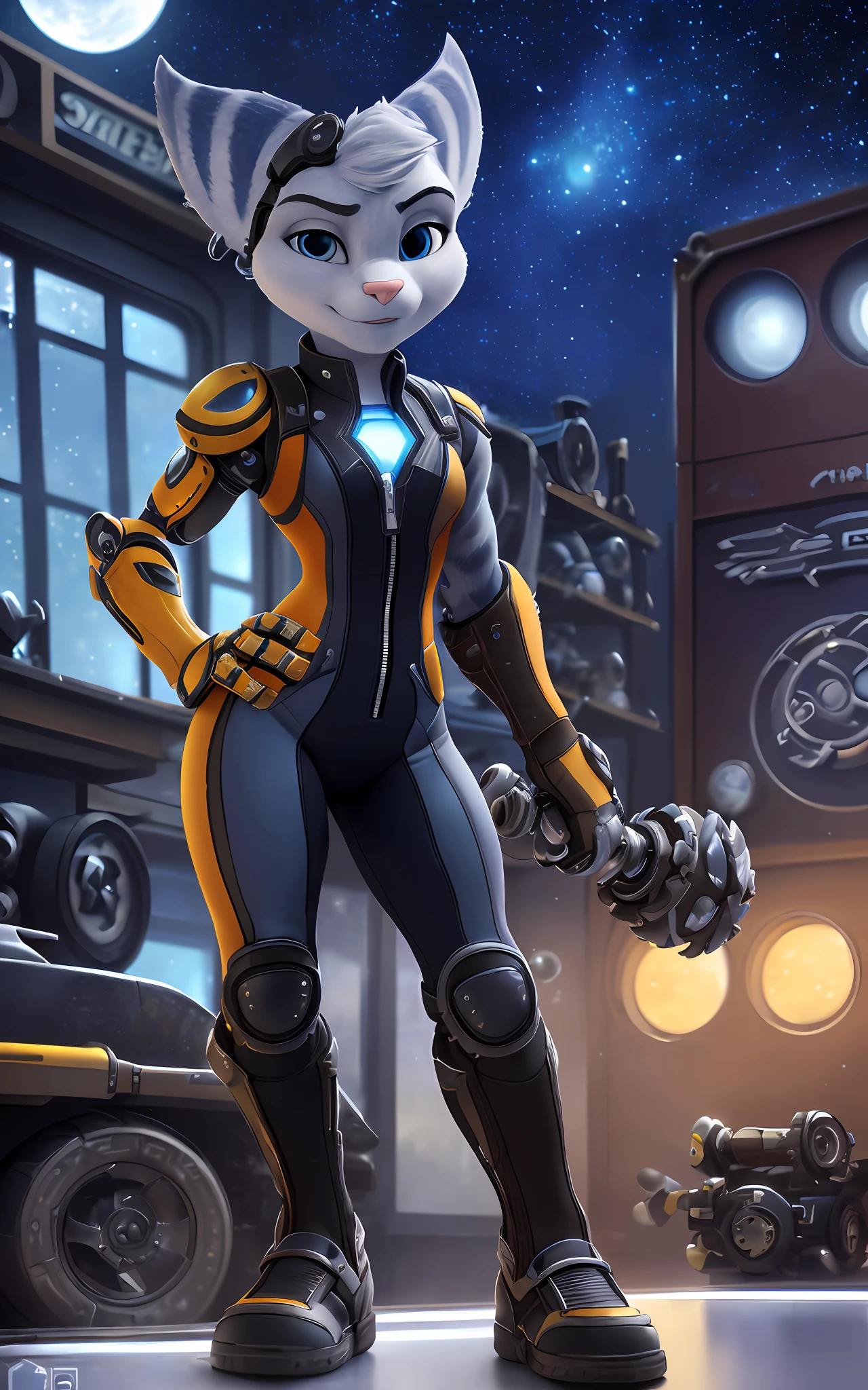 [rivet from Dreamworks ratchet and clank], [Uploaded to e621.net; (mayosplash), (Pixelsketcher)], ((masterpiece)), ((solo portrait)), ((1girl)), ((raw photo)), ((full body)), ((furry; antrhopromorphic)), ((detailed fur)), ((raytracing; reflective surfaces)), ((detailed shading)), ((beautiful render art)), ((cel shading)), ((nighttime lighting)), {anthro lombax; (grey fur, pink nose, pointed ears), round blue eyes, seductive gaze), (grey and blue skintight zip-up suit; grey lining), small boobs, curvaceous thin hips), (prosthetic arm; RIGHT arm, yellow robot arm)}, ((hand on hip; attractive pose), [background; ((mechanic shop; gears and machinery), starry night sky, full moon)]