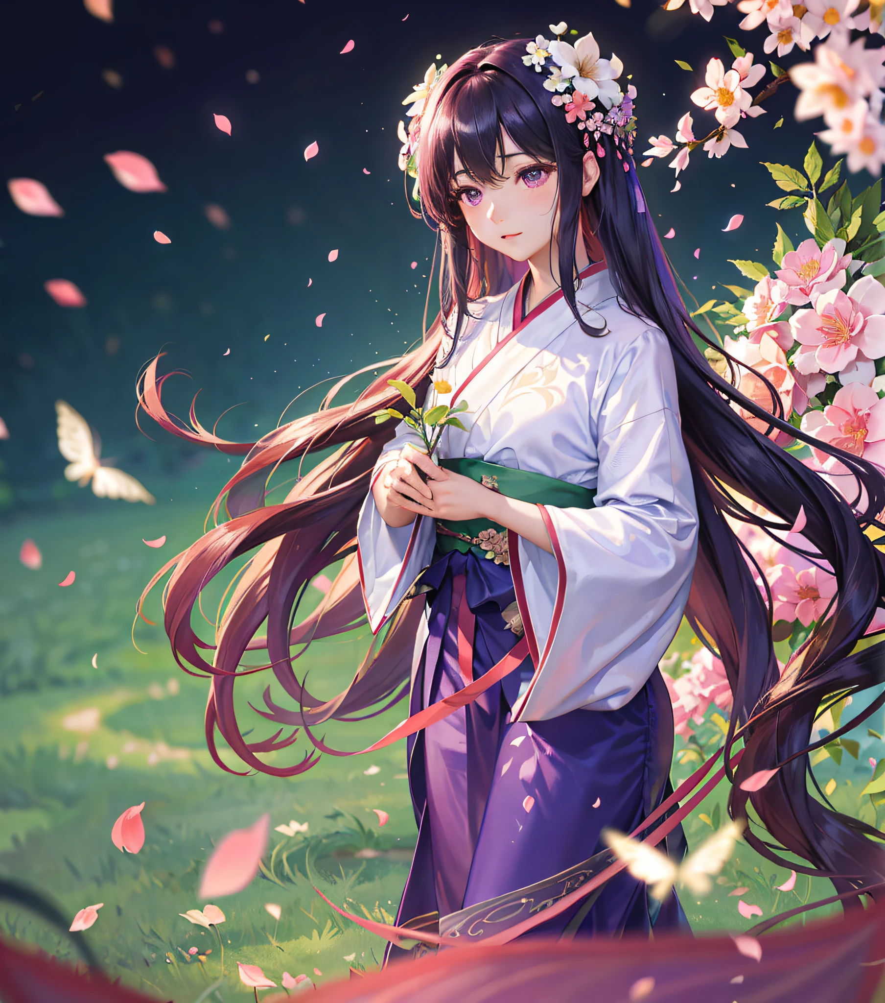 Garden background, 1 girl, fluttering petals, (depth of field, blur, background blur, bokeh: 1.2), gorgeous hanfu, satin, garden, flowers, purple eyes, long hair,