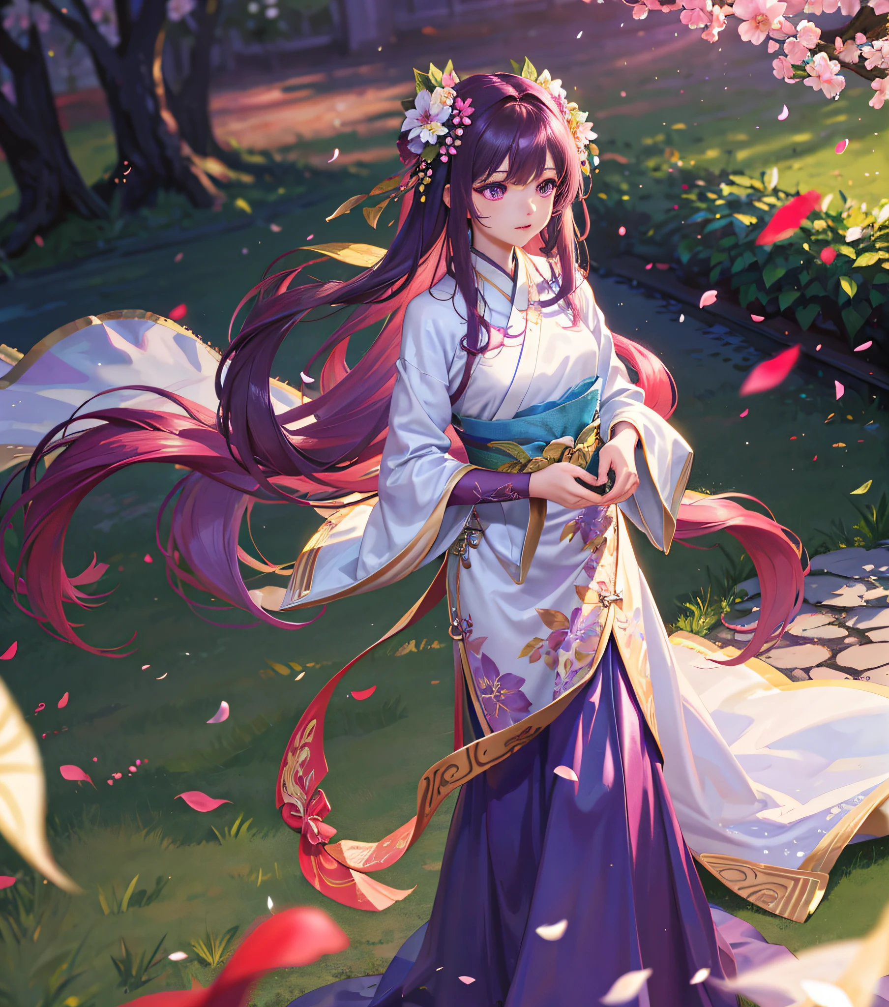 Garden background, 1 girl, fluttering petals, (depth of field, blur, background blur, bokeh: 1.2), gorgeous hanfu, satin, garden, flowers, purple eyes, long hair,