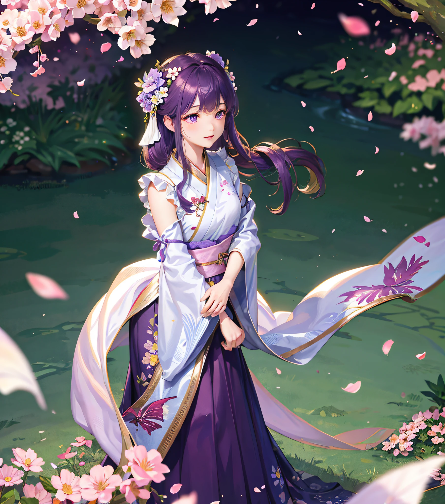 Garden background, 1 girl, fluttering petals, (depth of field, blur, background blur, bokeh: 1.2), gorgeous hanfu, satin, garden, flowers, purple eyes, long hair,