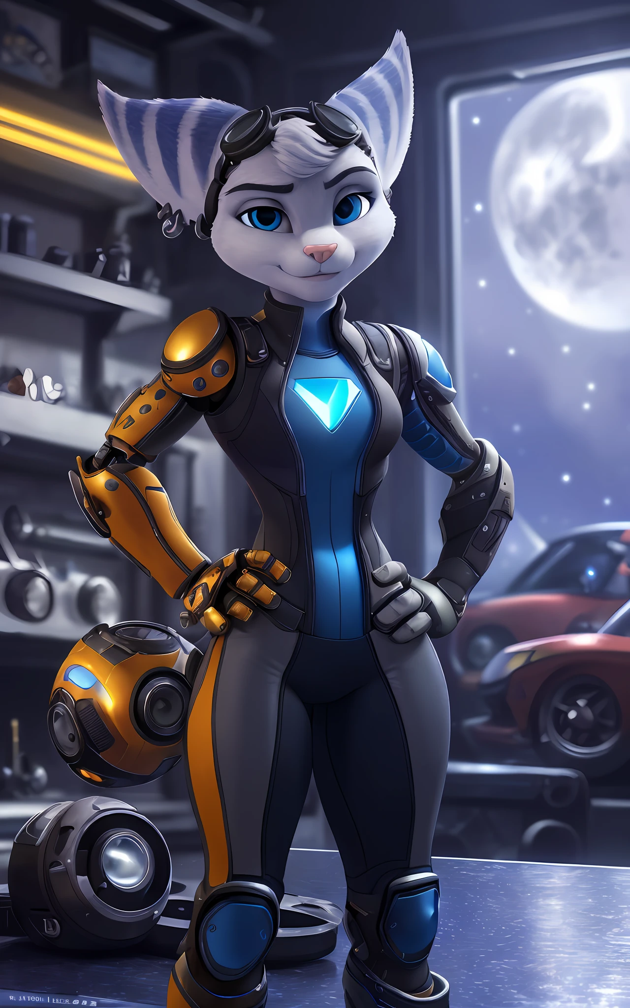 [rivet from Dreamworks ratchet and clank], [Uploaded to e621.net; (mayosplash), (Pixelsketcher)], ((masterpiece)), ((solo portrait)), ((1girl)), ((raw photo)), ((full body)), ((furry; antrhopromorphic)), ((detailed fur)), ((raytracing; reflective surfaces)), ((detailed shading)), ((beautiful render art)), ((cel shading)), ((nighttime lighting)), {anthro lombax; (grey fur, pink nose, pointed ears), round blue eyes, seductive gaze), (grey and blue skintight zip-up suit; grey lining), small boobs, curvaceous thin hips), (prosthetic arm; RIGHT arm, yellow robot arm)}, ((hand on hip; attractive pose), [background; ((mechanic shop; gears and machinery), starry night sky, full moon)]
