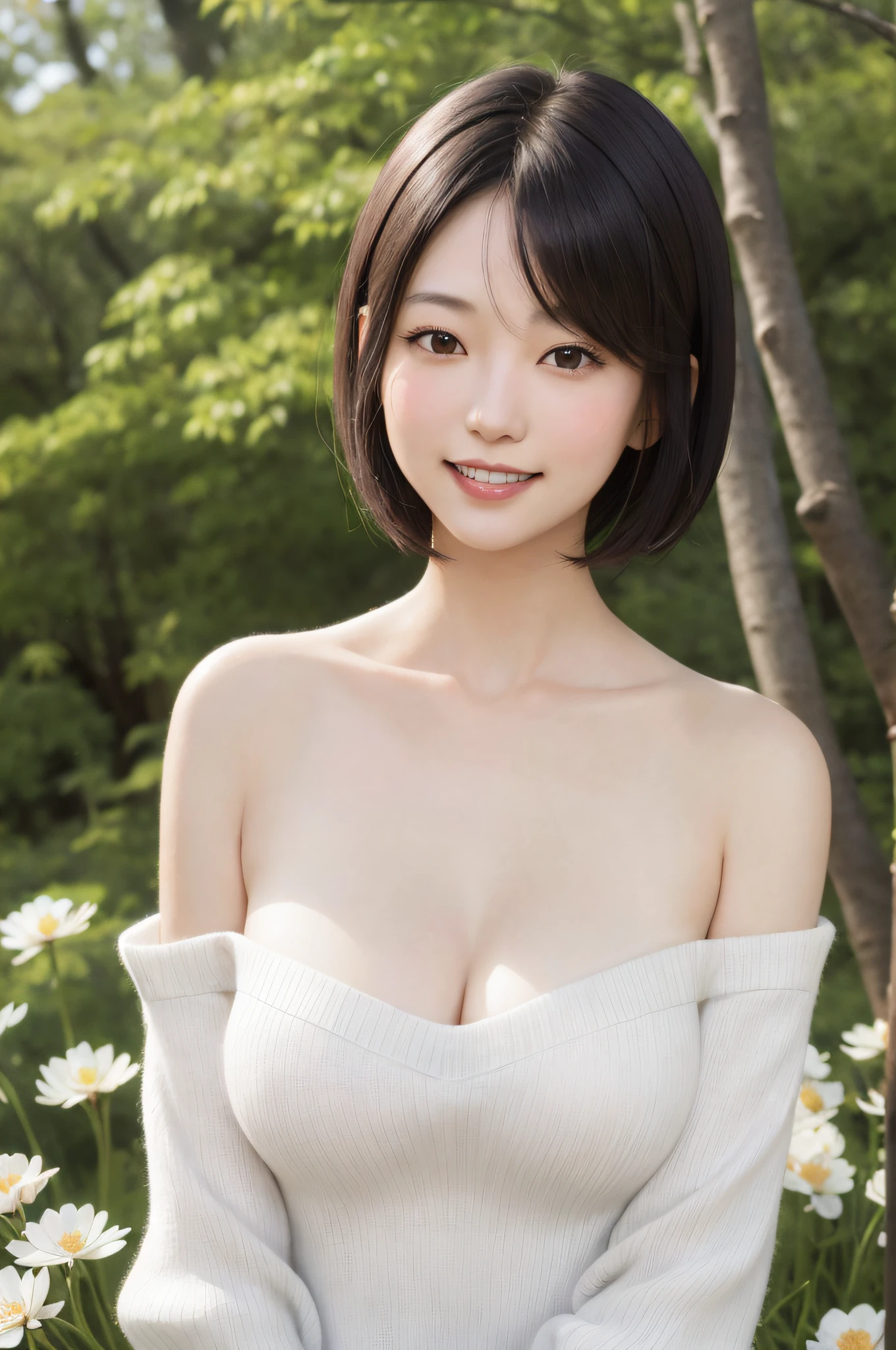A japanese woman stands in a park where white clover blooms all around, a forest can be seen in the background, exquisite and beautiful face, exquisite collarbone, seductive and delicate collarbone, charming fragrant shoulders, shoulders slightly exposed, open-shoulder long sweater,blue sweater, pretty face, peach Red lips, tender and smooth skin,(white skin:1.4),black hair,(bob hair:1.2), short hair,(smile:1.2),smile with teeth, white teeth,very realistic details, ultra-high resolution,bokeh,outstanding details, 8K, pigeon chest