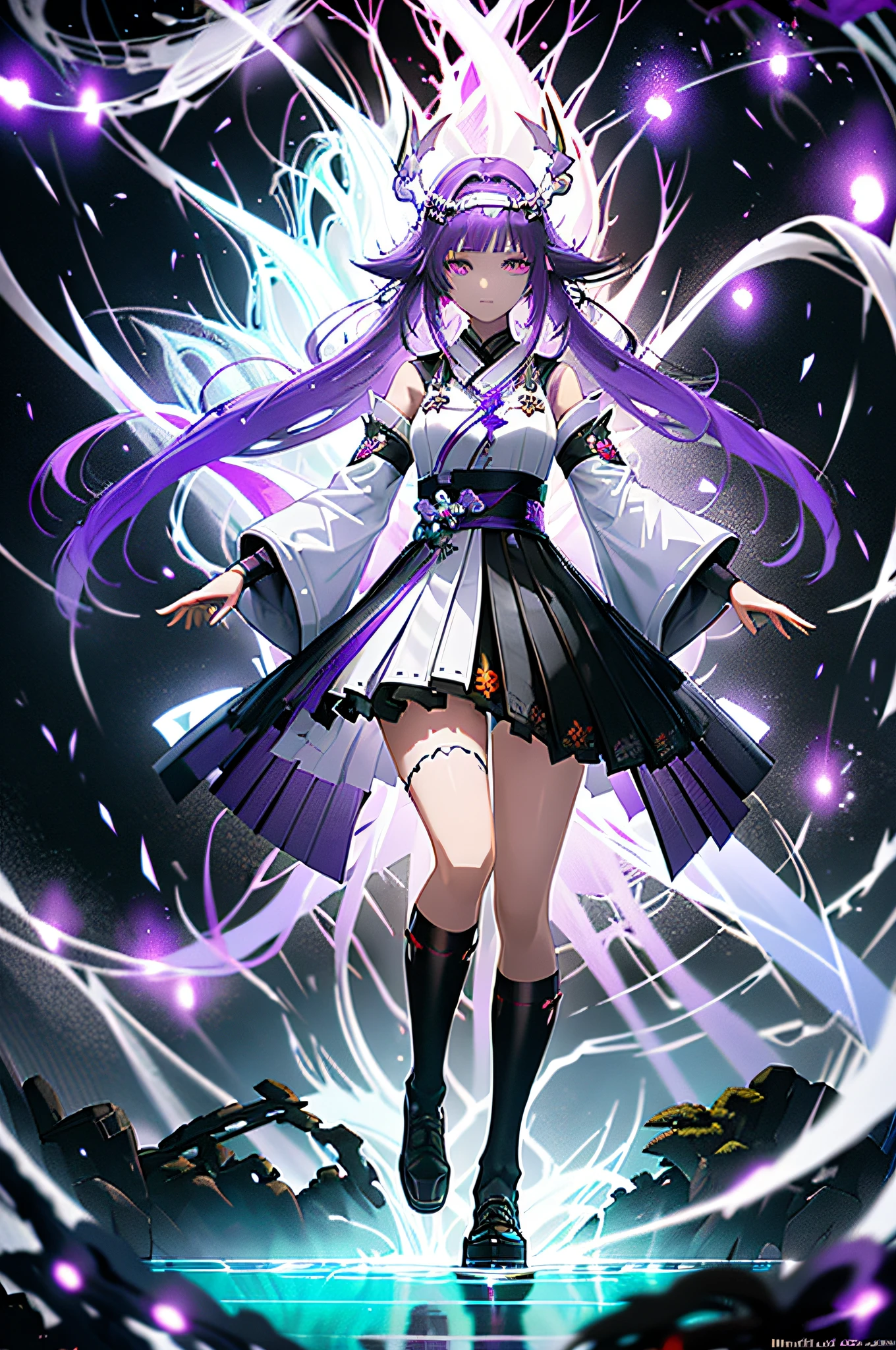 (KComic:1.2), detailed background, masterpiece, best quality, 1girl, white spirit, red hair, hair pipe, headband, purple eyes, unconventional miko, forest full of purple and white trees, fireflies, water, purple theme, white theme, mystical, magical, ultra-wide angle, dynamic movement, concept art