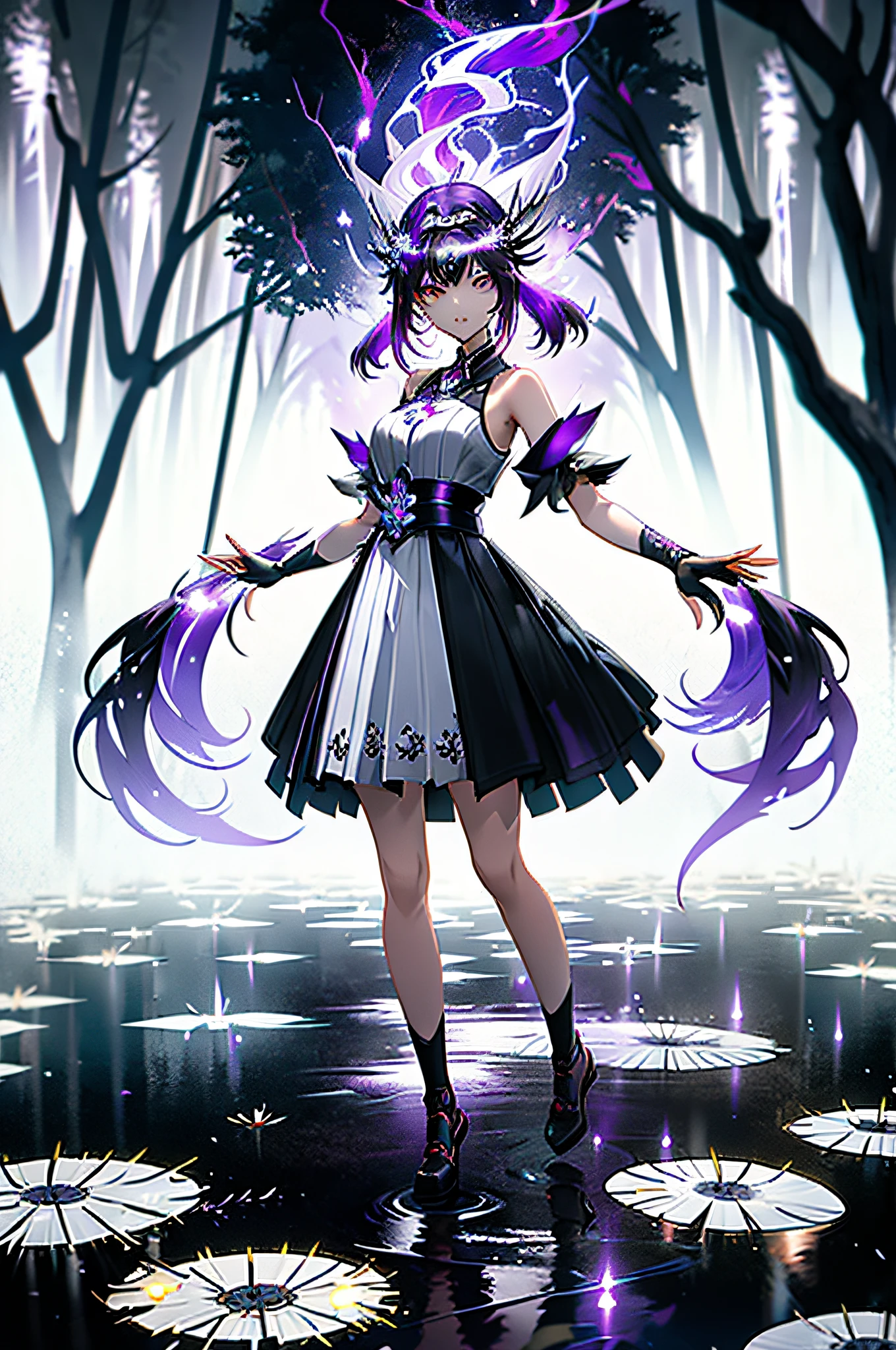 (KComic:1.2), detailed background, masterpiece, best quality, 1girl, white spirit, red hair, hair pipe, headband, purple eyes, unconventional miko, forest full of purple and white trees, fireflies, water, purple theme, white theme, mystical, magical, ultra-wide angle, dynamic movement, concept art