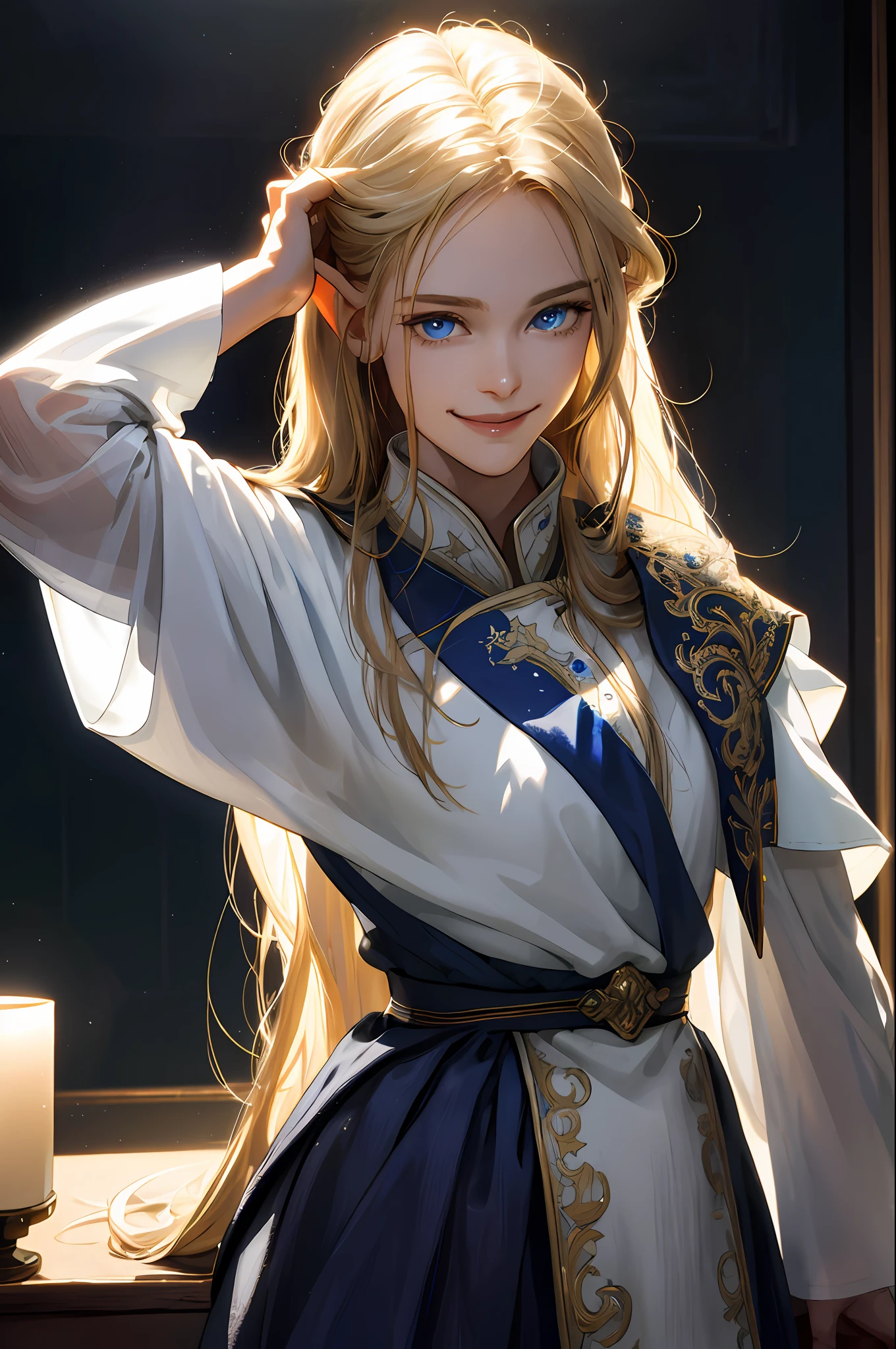 (movie light), (high resolution, super detail), elf, ((pretty face)), 1 woman, , straight long hair, beautiful golden hair, blue eyes, bangs, fine eyes and detailed face, intricate details, lowered hair, untied hair, solo, detailed background, detailed face, (white clothes), bedroom, faint moonlight, backlight, sad atmosphere, portrait, blurry background, smile, (dark shadow), mysterious, ((low saturation)), (gentle look), relaxed atmosphere, (smile), stretching with one hand raised, hands folded below,