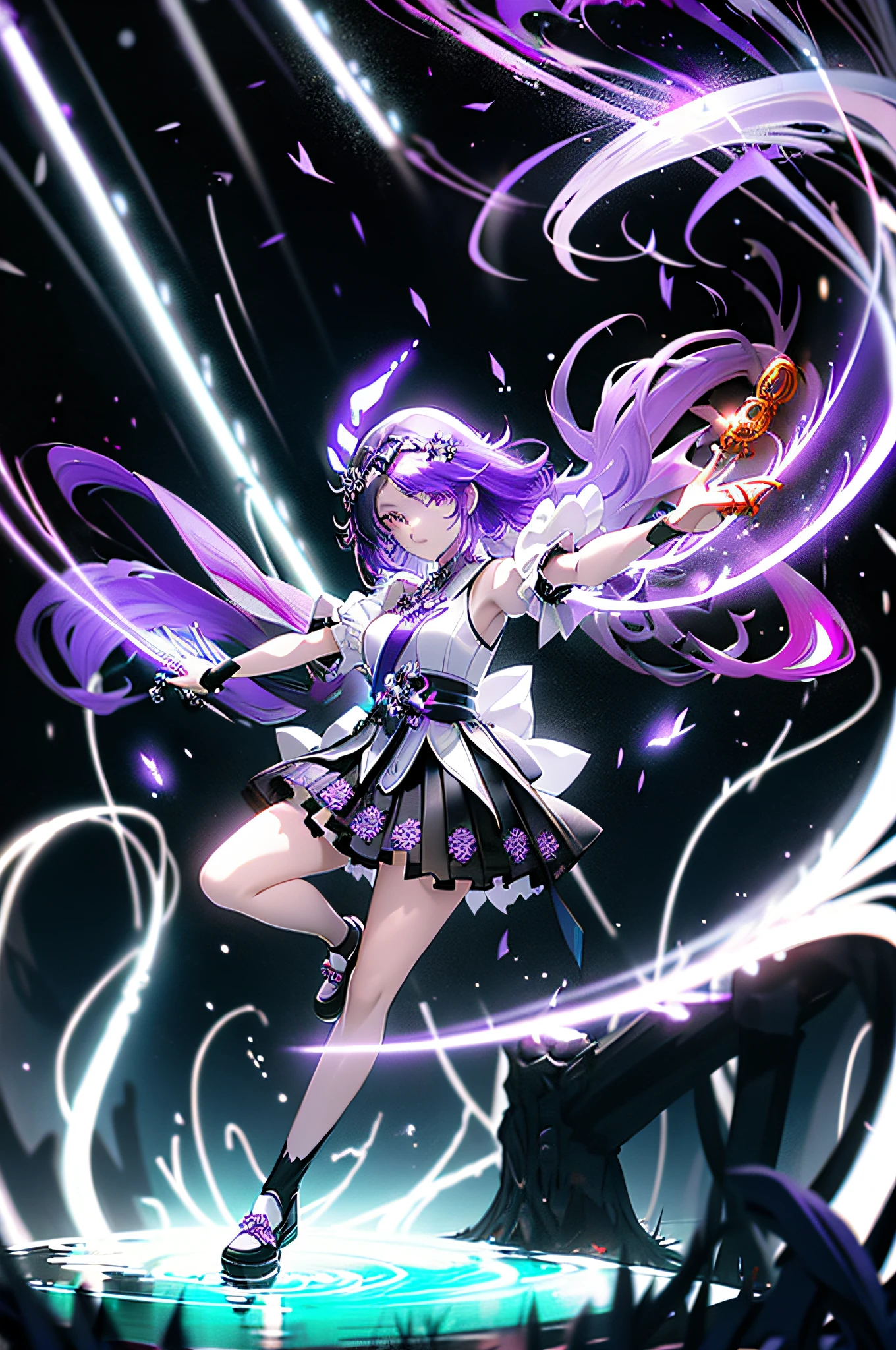 (KComic:1.2), detailed background, masterpiece, best quality, 1girl, white spirit, red hair, hair pipe, headband, purple eyes, unconventional miko, forest full of purple and white trees, fireflies, water, purple theme, white theme, mystical, magical, ultra-wide angle, dynamic movement, concept art