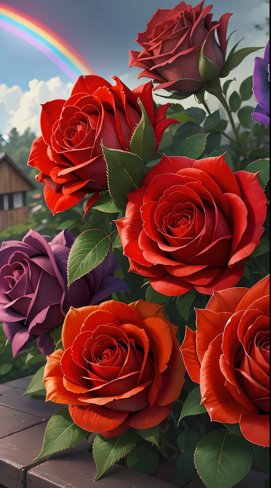 There is a cluster of red roses outside the house, and the sky is covered with rainbows at dusk just after rain --auto --s2
