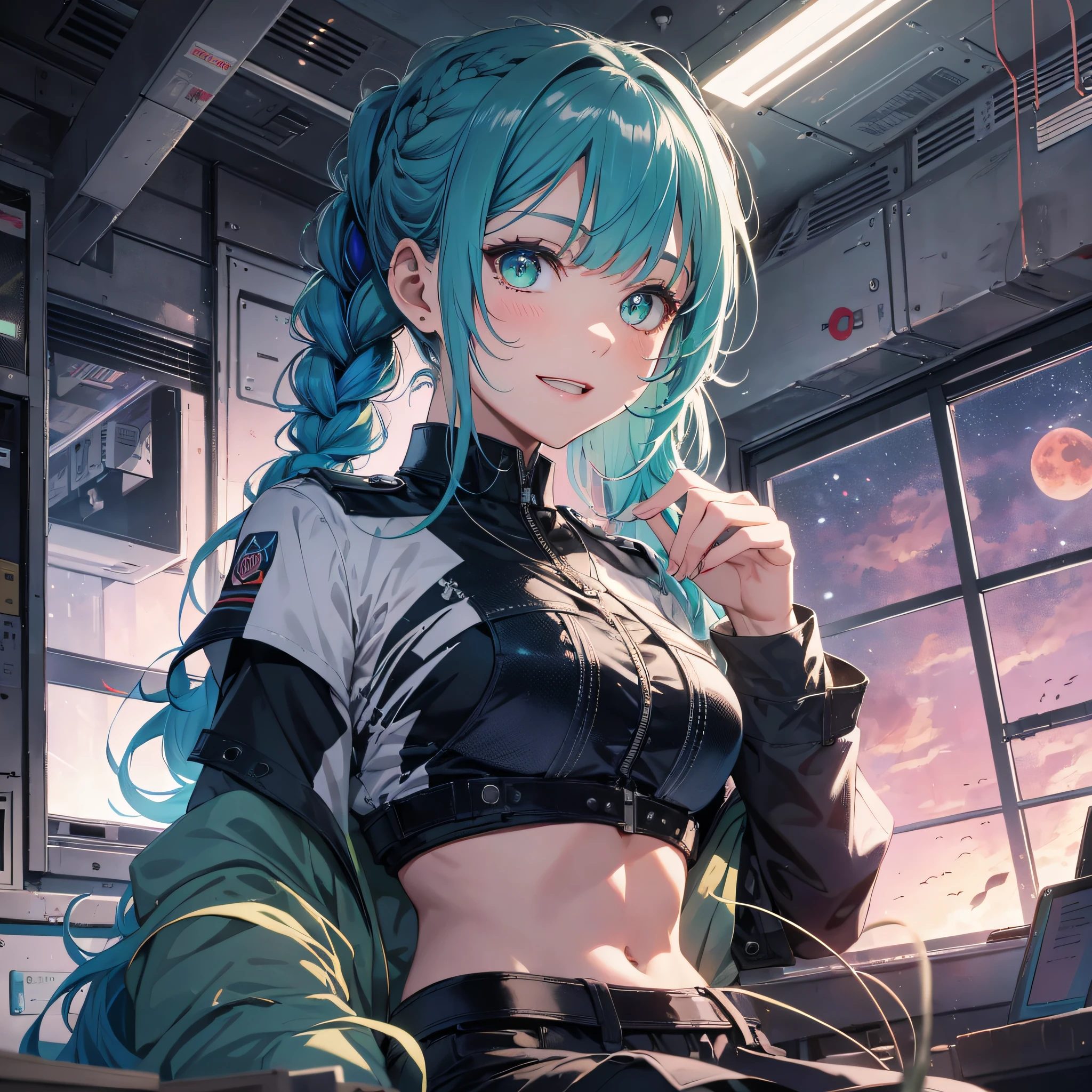 Absurd resolution, high resolution, (masterpiece: 1.4), hyper-detailed, 1 young woman, arm tattoo, asymmetrical bangs, bangs, blue hair, braids, pilot outfit, looking at the audience, laughing, crazy, uncontrollable laughter, crazy look, green hair, long hair, midriff, pink eyes, solo, standing, tattoo, double braids, sitting in an extremely narrow closed mech control room (1.3), night outside the window, blood moon