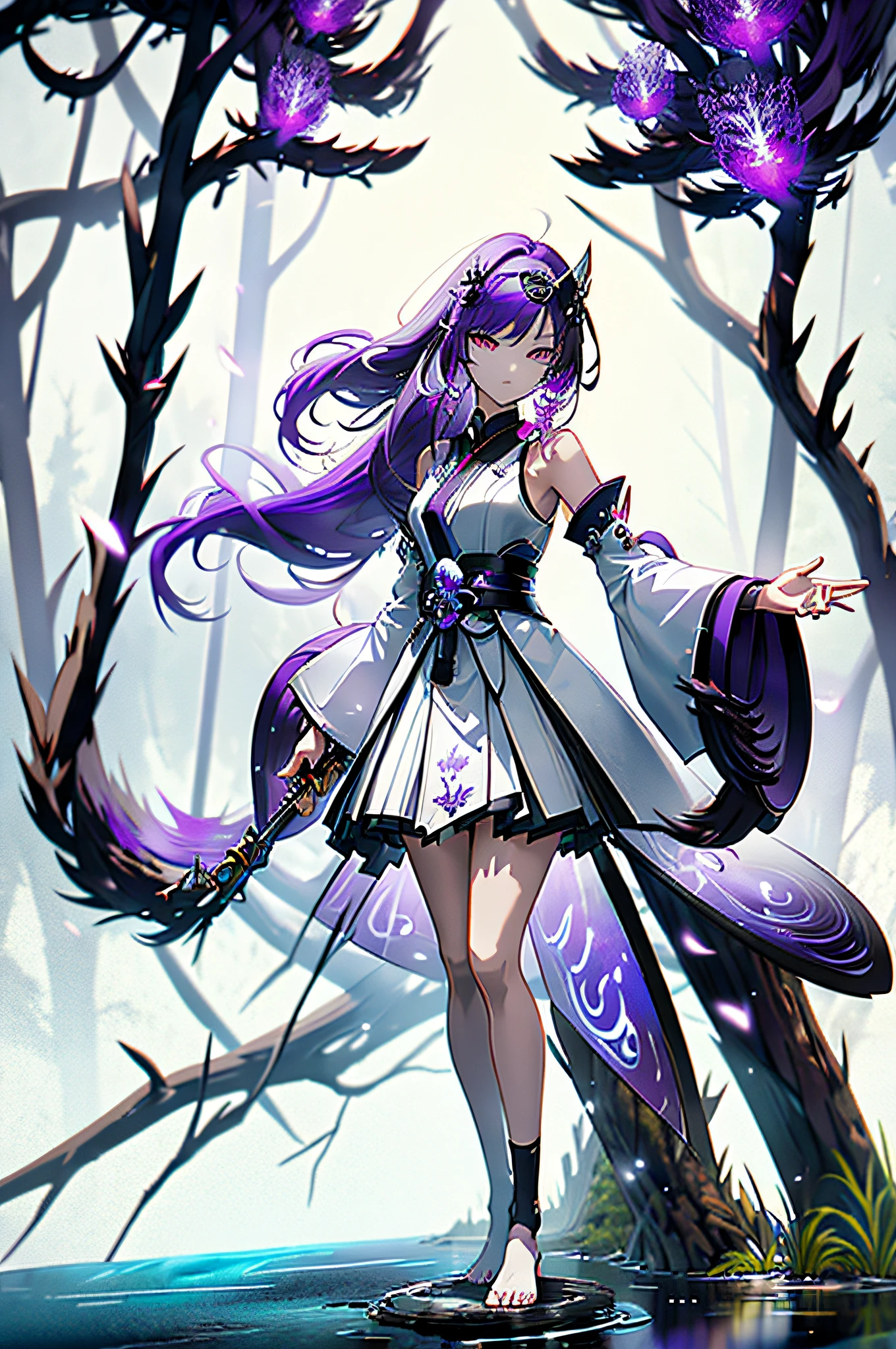 (KComic:1.2), detailed background, masterpiece, best quality, 1girl, white spirit, red hair, hair pipe, headband, purple eyes, unconventional miko, forest full of purple and white trees, fireflies, water, purple theme, white theme, mystical, magical, ultra-wide angle, dynamic movement, concept art