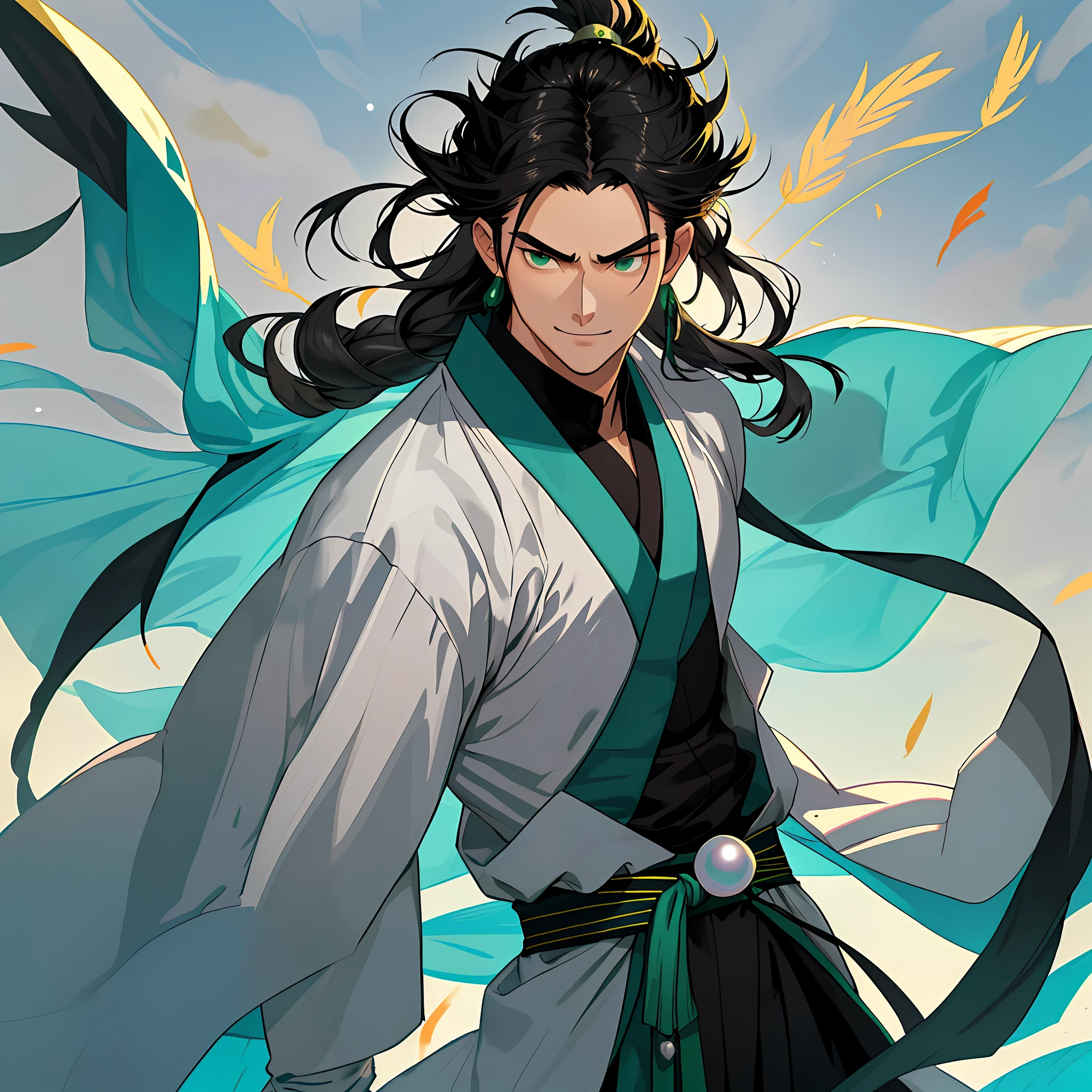 The highest quality (fan: 1.4), serious (night: 1.4) and single 16-year-old has long black hair that is loose in the wind, flows down to a smooth, shiny body and gently falls on the back. Her hair is thick and has a healthy appearance, in contrast to her fair skin. The young man's eyes are deep, emerald green, intense, like two thin pearls. They reflect calmness and curious curiosity. In his upright position, the young man confidently bears and shows a cheerful, hyperactive aura. He is shirtless, wearing the back of a white kimono with blue-green details printed with gray clouds underneath, with a large yellow ribbon at the waist, sleeveless, and made of high-quality fabric. Give him a look. The fan is wrapped in black leather to provide a firm and firm grip.
Knowledgeable strategist, feather-fanned, quiet charisma, white robed, highly knowledgeable and educated, serious and sincere, dedicated, Feng Shui user, genuinely caring for people, calm judgment, understanding nature and people, fluent mouth, outstanding leadership, persuasive person, courage to face difficulties, prudence and cautiousness, resourceful, humble and polite, relationship-building skill, bold strategist , idealist, determination to overcome difficulties, vision to lead people, kind and caring personality, with great legend, alone, 1 boy, muscular man, demon slayer style, loose hair, quiet expression, smile, tall, confident, only one, spilled hair, loose and big hair, small monkey on the shoulder, demon slayer art style, fan with light structure with feathers, Fans with unique decorations, fans with items that symbolize wisdom, fans that act gracefully, fans that emphasize charisma, fans that sense Zhuge Kongming's thoughts, fans that skillfully manipulate military strategies, fans that radiate quiet authority and dignity, fans that symbolize advanced culture and culture, fans that are indispensable for plotting,