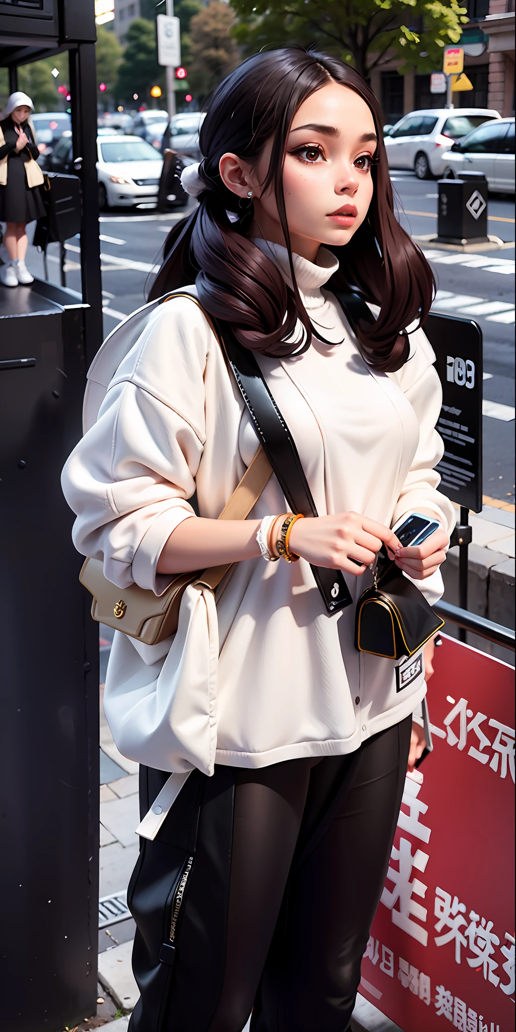 woman standing on the sidewalk with a cell phone in her hand, white sleeves, ( ivory black ), woman in streetwear, she is wearing streetwear, she is holding a smartphone, 4 0 9 6, white trendy clothes, twintails white_gloves, dressed with long fluent clothes, mix of aesthetics, casual white garment, gorgeous lady, (high contrast), with a white