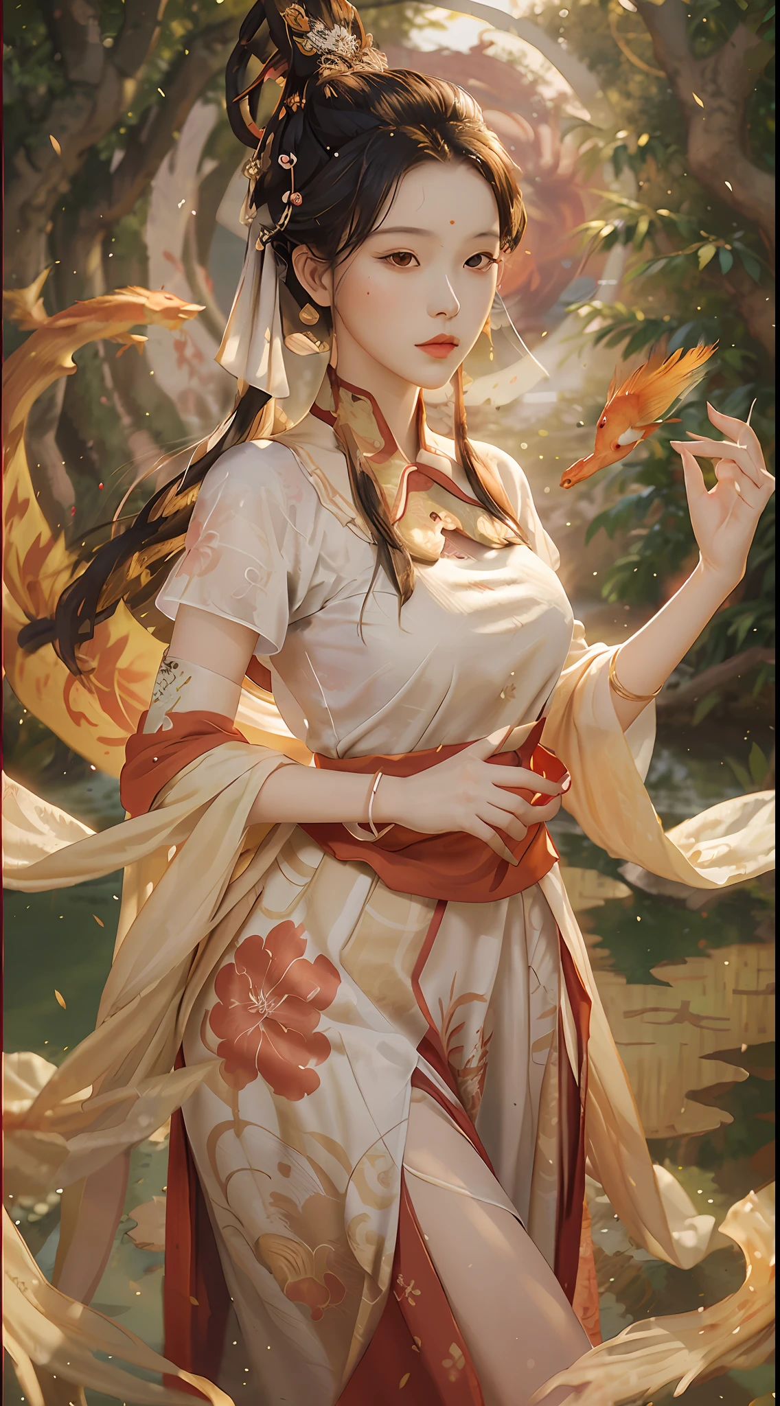Masterpiece, best quality, chinoiserie, a woman, (wearing a long white dress: 1.3), the skirt is printed with inky bamboo leaves, there are two red goldfish on the skirt, standing under the willow tree of West Lake, elegant posture, beautiful face, daytime, sky, sunlight, tree,