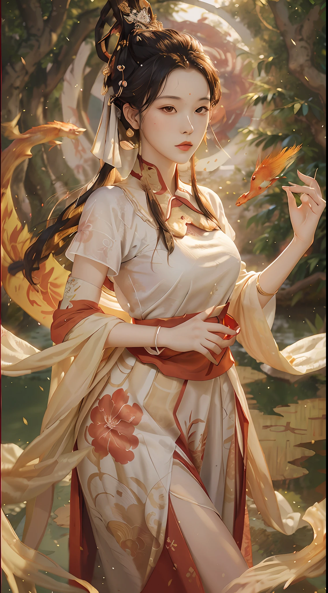 Masterpiece, best quality, chinoiserie, a woman, (wearing a long white dress: 1.3), the skirt is printed with inky bamboo leaves, there are two red goldfish on the skirt, standing under the willow tree of West Lake, elegant posture, beautiful face, daytime, sky, sunlight, tree,