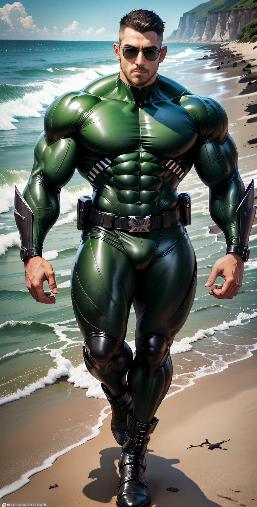 Arad man in green and black clothes standing on the sunny seashore, American round head, Buzz Cut, tall and burly, muscular male hero, heroic male pose, muscular! Wearing black sunglasses, spandex tight high elastic bodysuit, super buff and cool, high resolution committee, character design police, black army boots, charismatic strong male with spandex tight high elastic bodysuit