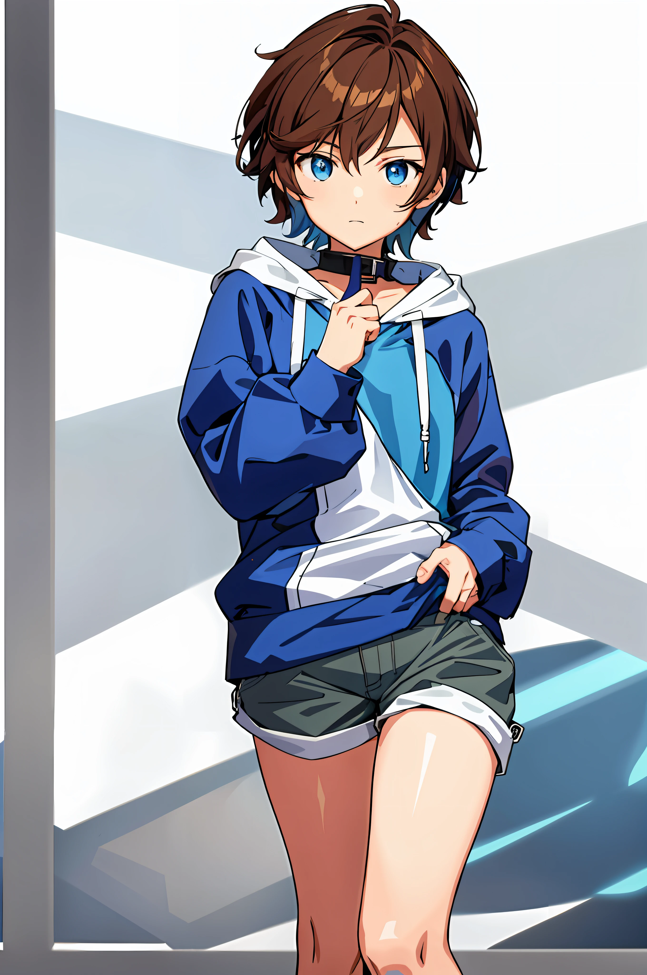 anime girl in blue jacket and shorts standing in front of a window, anime moe artstyle, makoto, female protagonist 👀 :8, anime girl named lucy, sayori, with index finger, tall anime guy with blue eyes, anime girl of the future, kantai collection style, female anime character, makoto shinka, smooth anime cg art
