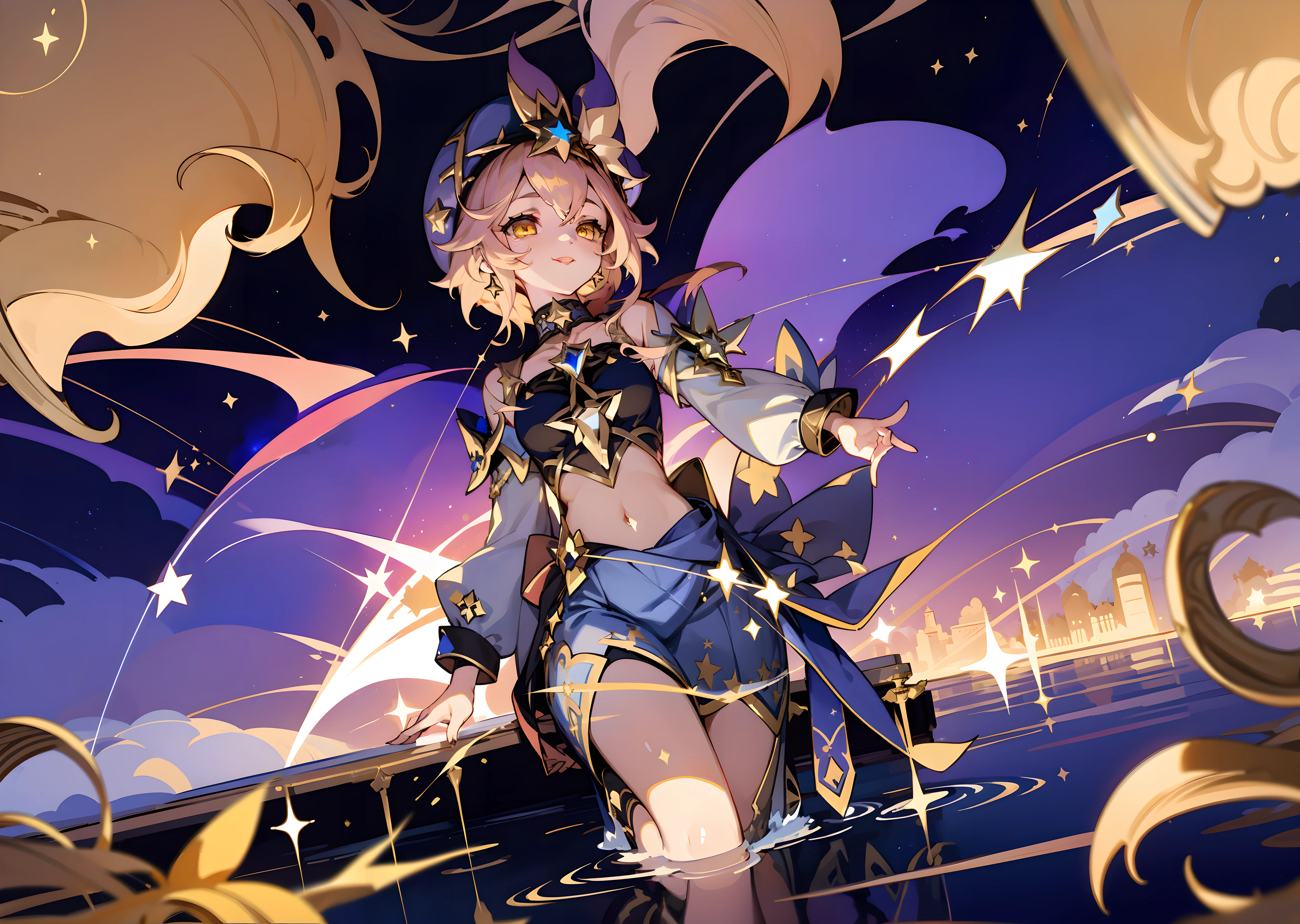 (1girl), illustration, Layla \(Genshin Impact\), choker, star \(symbol\), golden eyes, yellow eyes, glowing eyes, eyes with stars, wide smile, smile, gold jewelry, blue skirt, blue dress, landscape, night, reflection, water, magic, drowning, radiance, space, star explosion