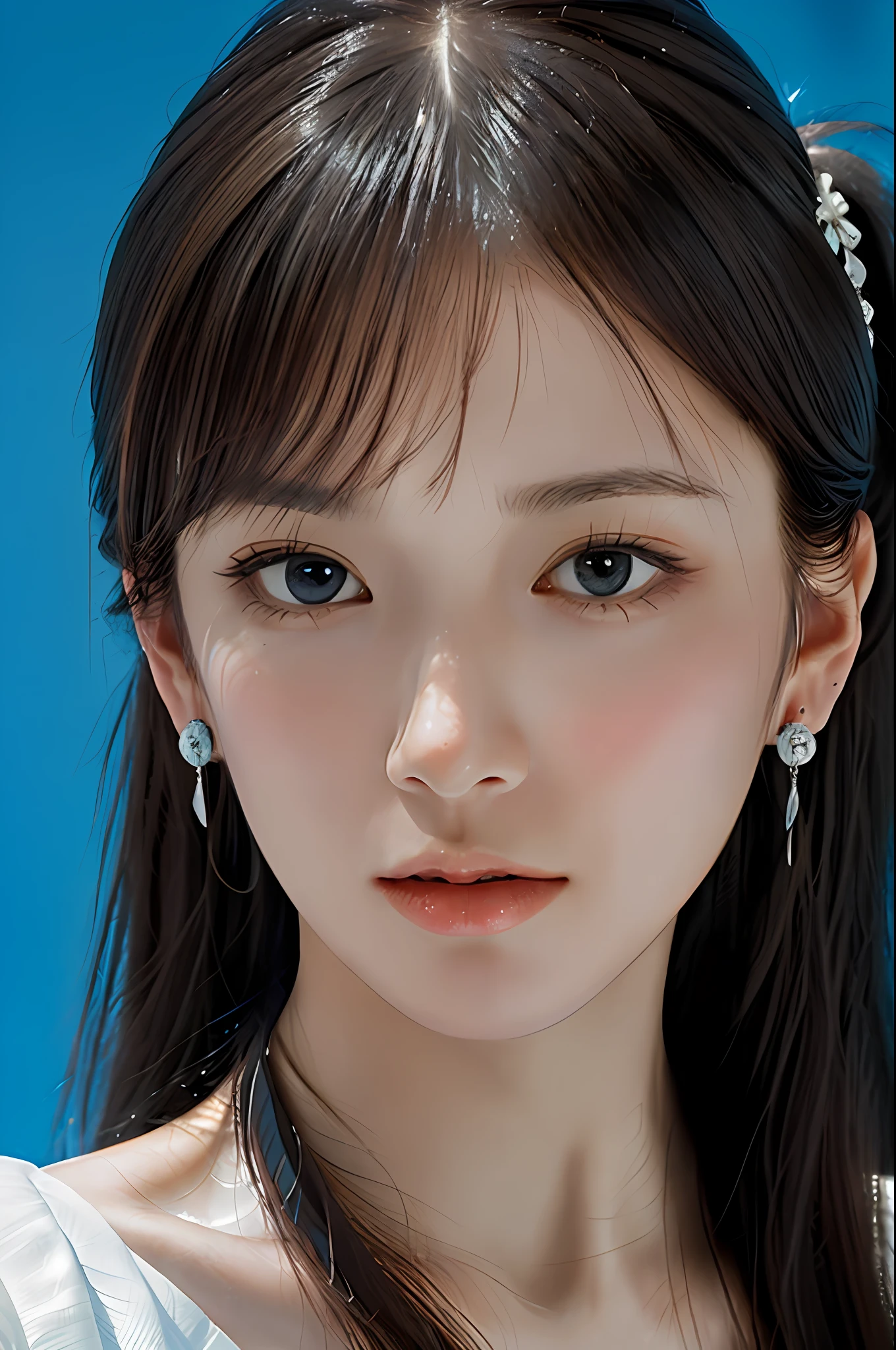 Best Quality, Masterpiece, Ultra High Resolution, (Film Grain: 1.4), Digital Photography, Bangs, Film Lighting, (Fuji Color: 1.2) Portrait,
1 girl, solo, facing the audience, high ponytail, earrings, close-up of face, clear pores, looking at the audience, blue background (realistic: 1.2)