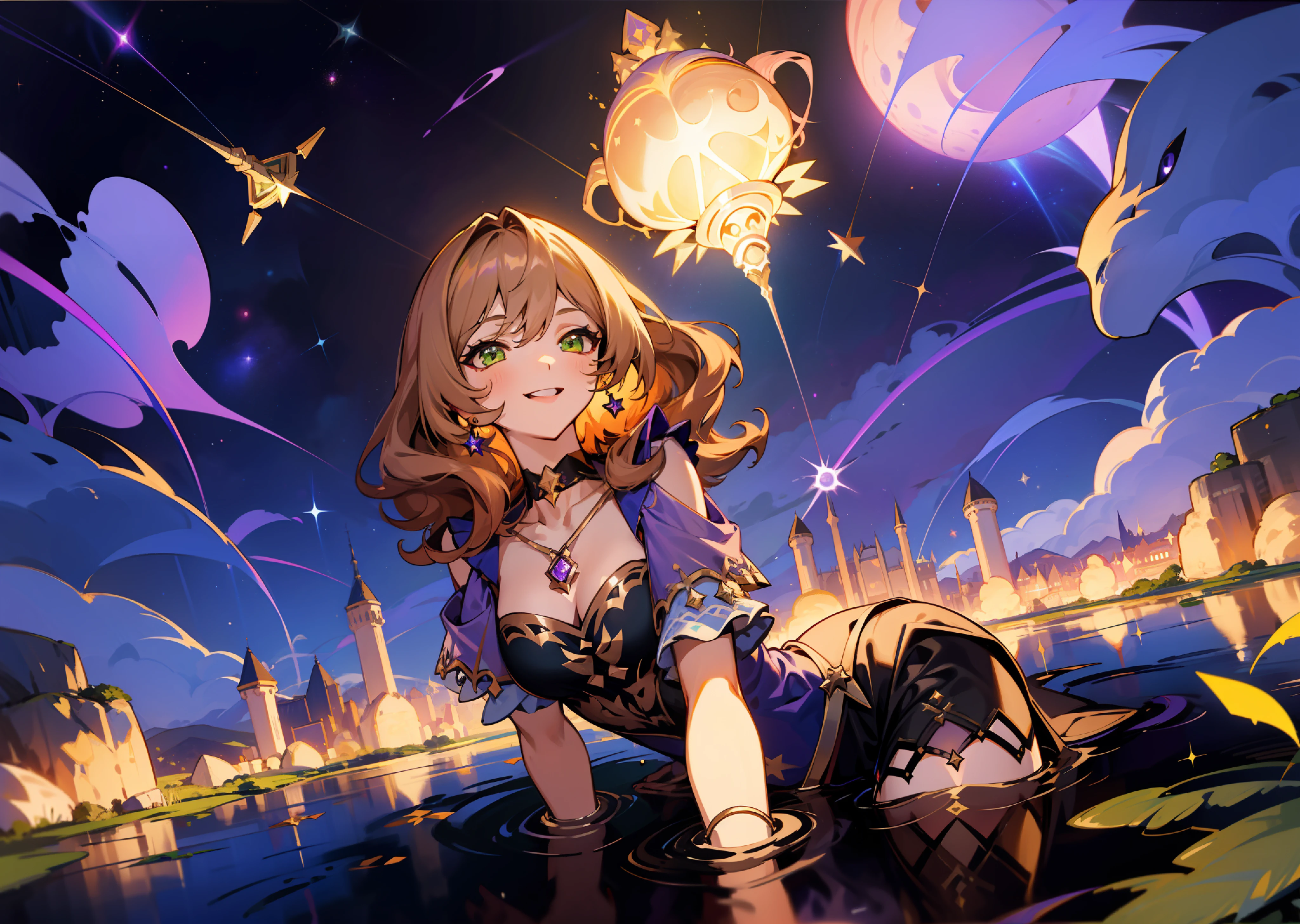 (1girl), illustration, Layla \(Genshin Impact\), choker, star \(symbol\), green eyes, brown hair, wavy hair, witch, choker, hair between eyes, jewelry, purple skirt, black dress, earrings, gold jewelry, wide smile, smile, laughter, sexy, landscape, night, reflection, water, magic, drowning, radiance, space, star explosion