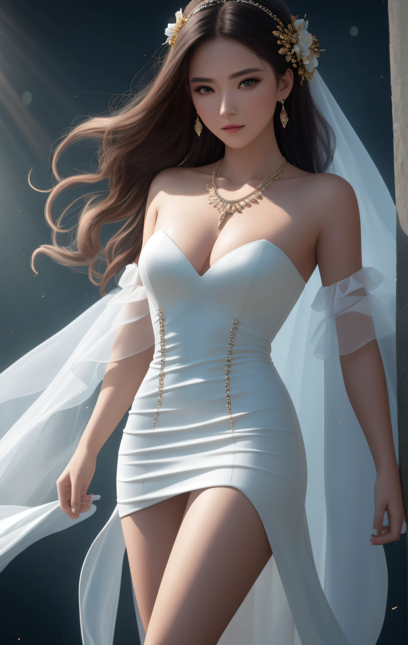 Best Quality, Masterpiece, High Resolution, 1 Girl, Porcelain Dress, Hair Accessories, Necklace, Jewelry, Beautiful Face, Physics, Tyndall Effect, Realism, Dark Studio, Edge Lighting, Two-tone Lighting, (High Detail Skin: 1.2), 8k UHD, DSLR, Soft Light, High Quality, Volumetric Light, Voyeur, Photo, High Resolution, 4K, 8K, Background Blur, Bandeau, Full Body Long legs