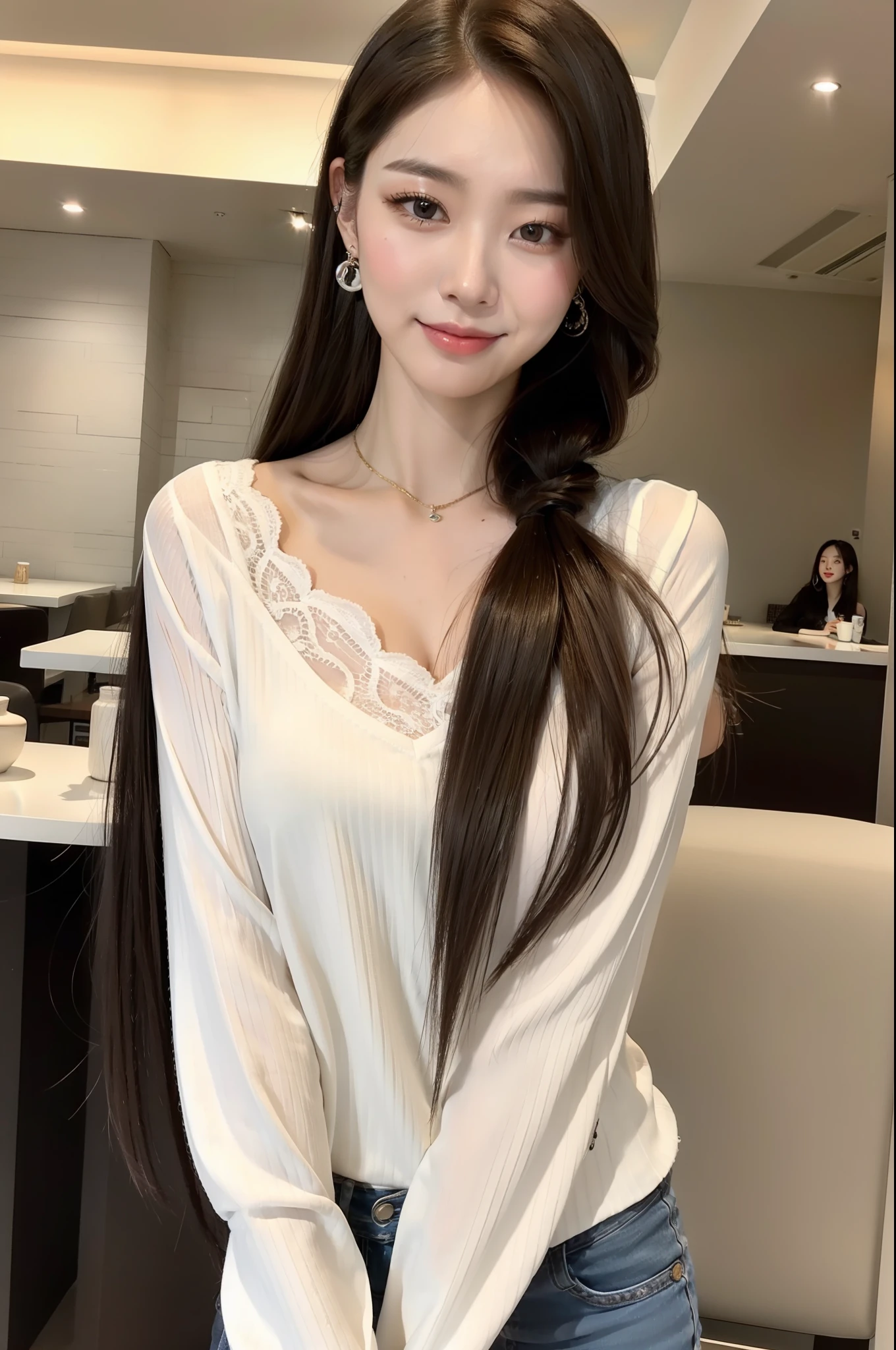 solo, 18-year-old Korean cute lady, wearing a lace shirt for women crop v neck top white t-shirt korean fashion women, in restaurant at night, smiling looking at me, youthful and carefree, Best quality, realistic, extremely detailed, extremely delicate and beautiful, RAW photo, professional lighting, facial lighting, ((depth of field)), single focus,(full body length), a 18 years old girl, (((white long hair))), brown eyes, smaller head, ((big breasts)), ((sexy whearing)), fashion girl, beautiful eyes, real face, real skin, realistic face, realistic skin, detailed eyes, detailed facial features, detailed clothes features, (fashionable clothes: 1.3 ), (fashionable hairstyles: 1.3) dynamic poses, looking at viewer, detailed face and chest, (pureerosface_v1:0.33), (ulzzang-6500:0.33),