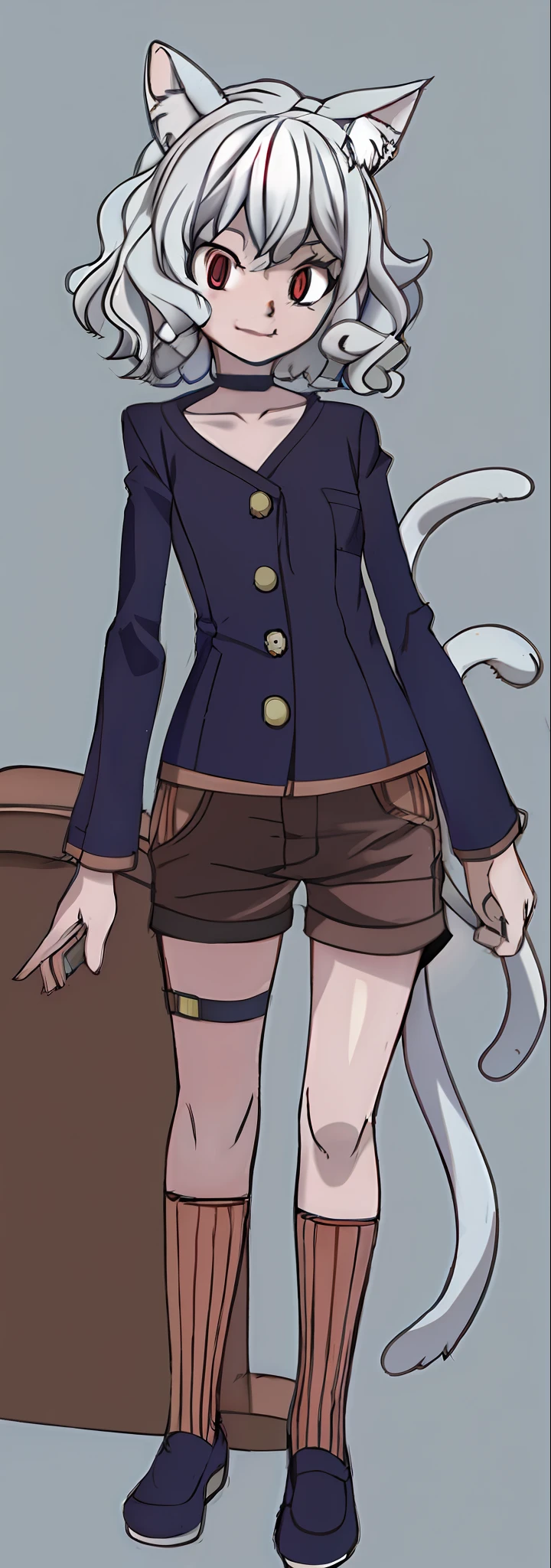 full body, [realistic], [3d], (3dcg), ((octane render)), [fisheye], high quality, best quality, masterpiece,dynamic angle, volumetric lighting,1girl,neferpitou1, cat ears, (cat tail:0.8), solo, short hair, red eyes, long sleeves, hair between eyes, :3, curly hair, striped, cat girl, buttons, striped shorts --auto --s2