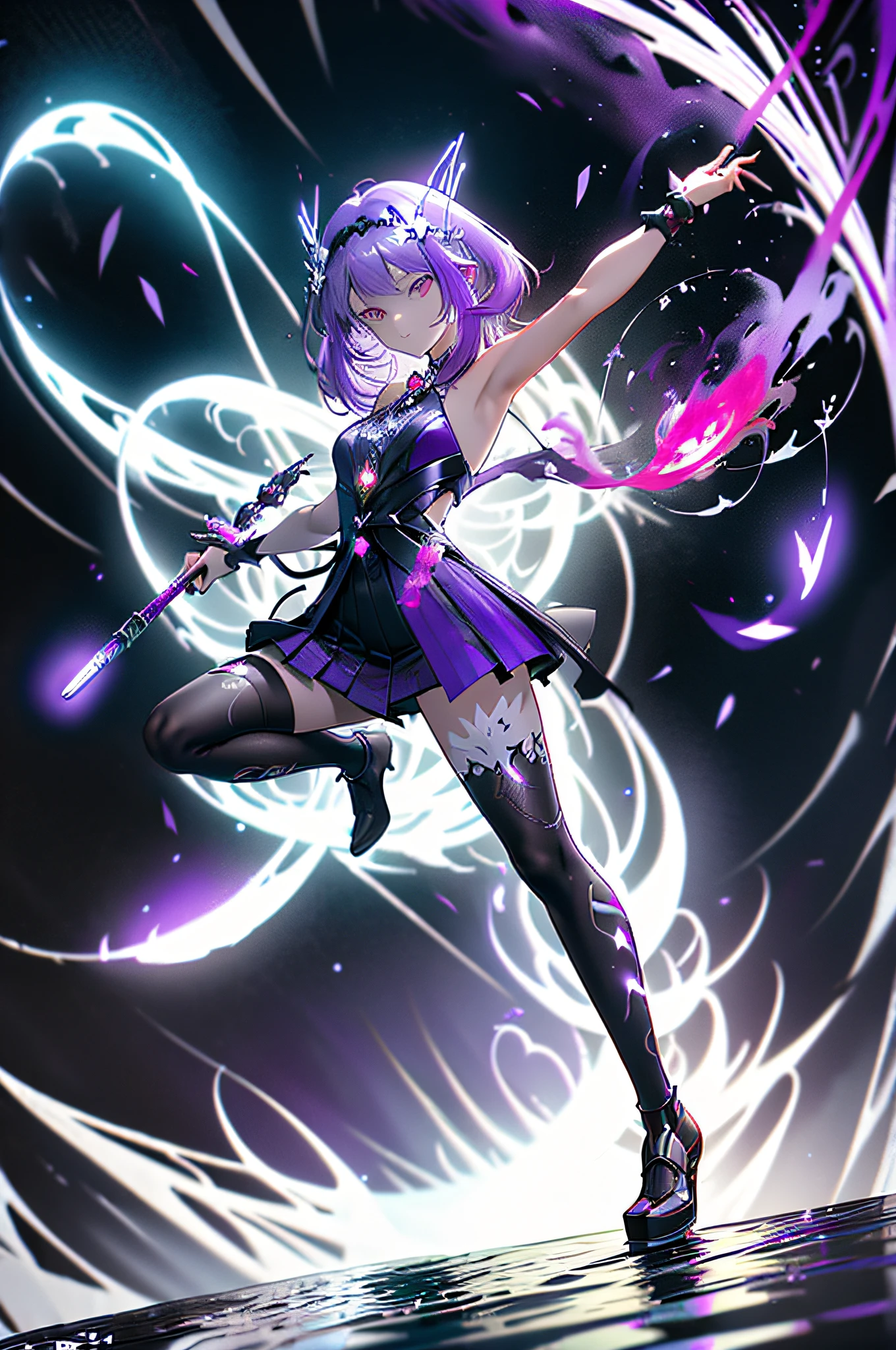 (KComic:1.2), detailed background, masterpiece, best quality, 1 loli, white spirit, red hair, hair pipe, headband, purple eyes, unconventional miko, forest full of purple and white trees, fireflies, water, purple theme, white theme, mystical, magical, ultra-wide angle, dynamic movement, concept art, slim body, perfect body, devil figure