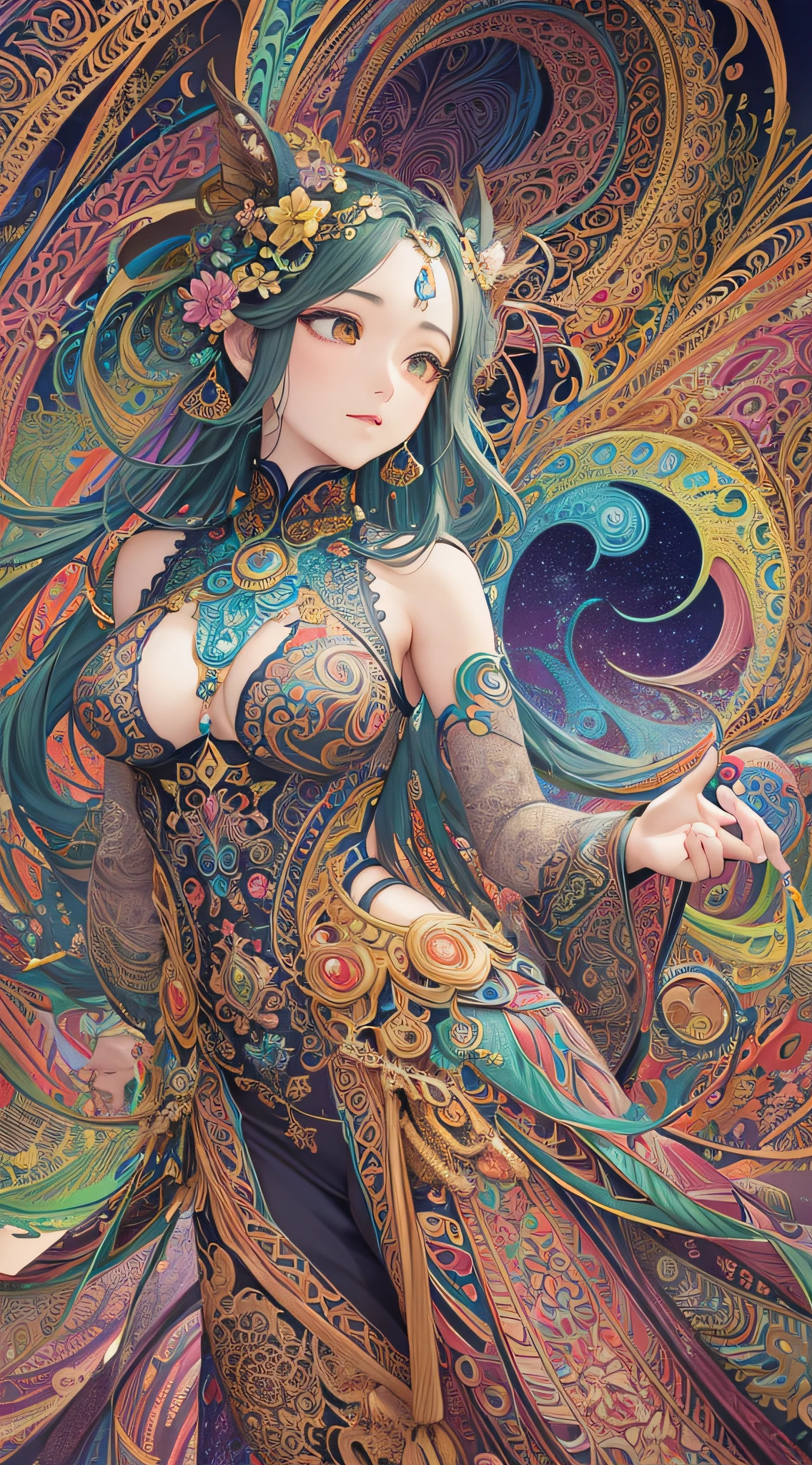 Masterpiece, top quality, best quality, official art,), very detailed, (fractal art: 1.2), colorful, most detailed, (zentangle: 1.2), (dynamic pose), (abstract background: 1.5), (multiple colors: 1.4), Dunhuang wind, long moon ember, --auto --s2