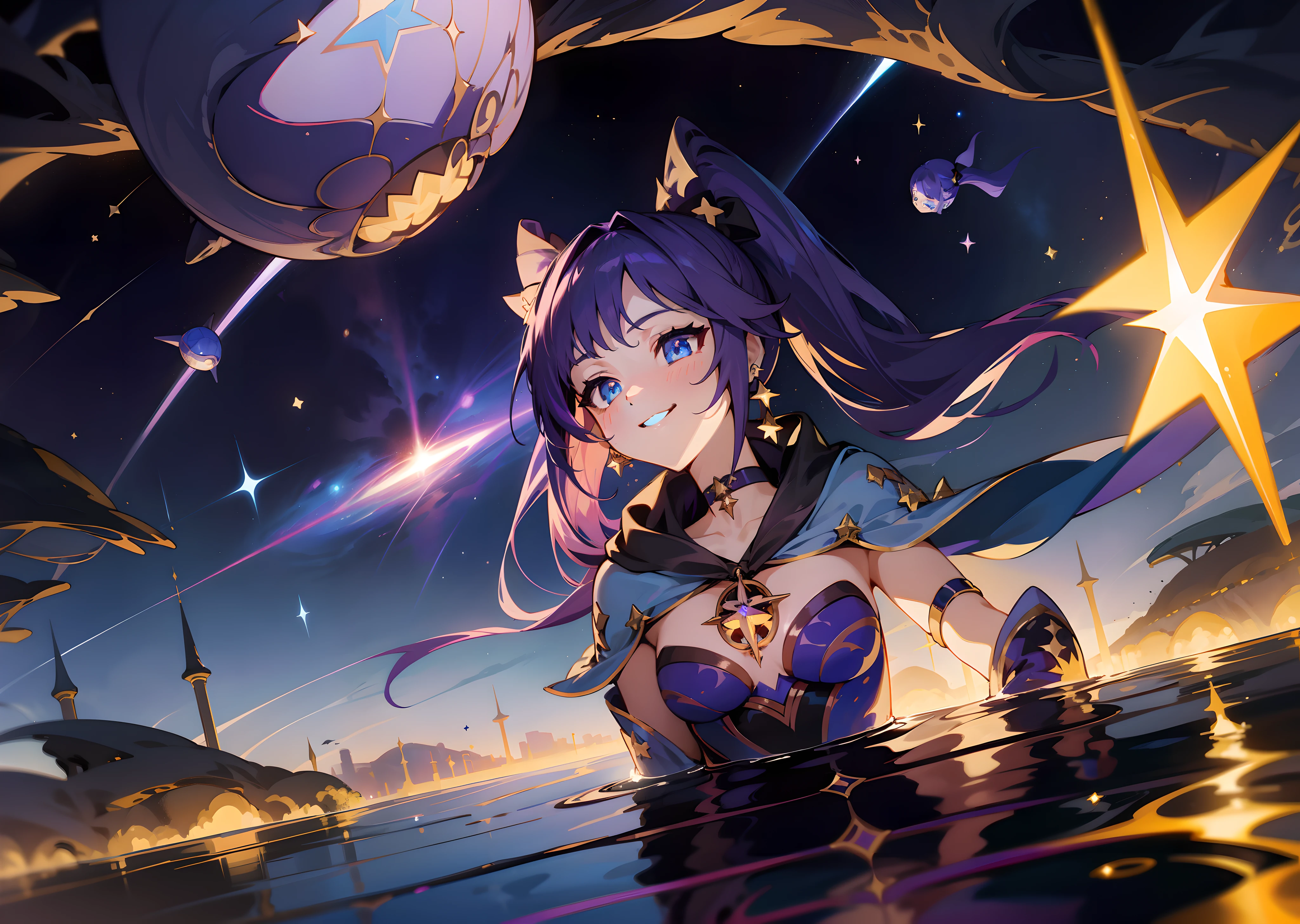 (1 girl), illustration, Mona \(Genshin Impact\), choker, star \(symbol\), witch, blue eyes, shining eyes, dark purple hair, ponytails, two ponytails, earrings, gold jewelry, wide smile, smile, laughter, sexy, landscape, night, reflection, water, magic, drowning, radiance, space, star explosion, tarot, deep sea, glow