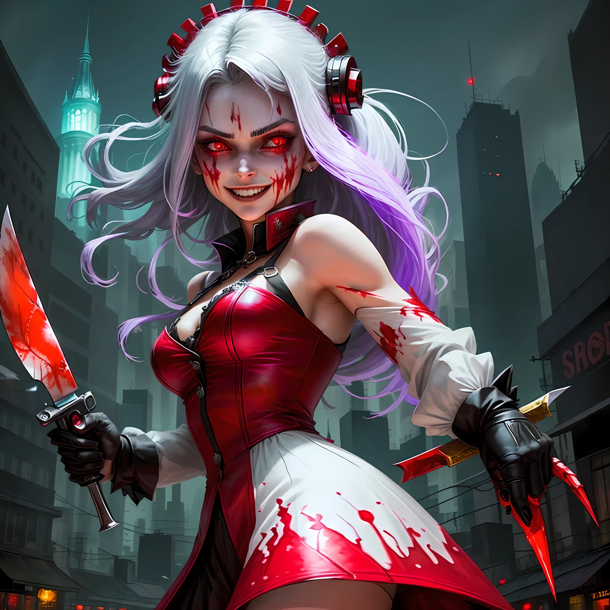 create a beautiful girl with evil countenance holding a knife with lot of blood everywhere, psychopath smile, blood on her face, city at night street background