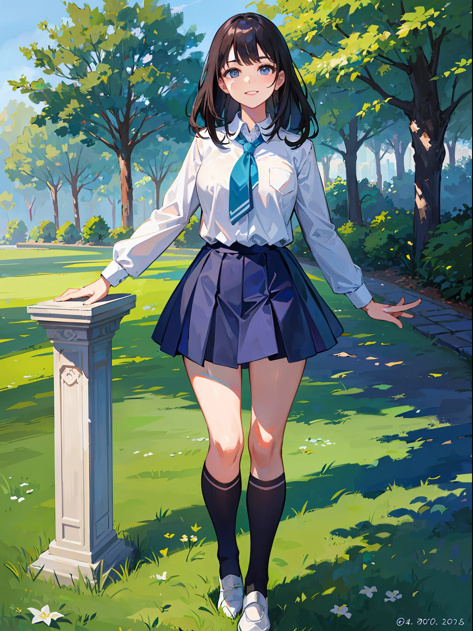 She was wearing a school uniform and standing on the lawn of the campus. Her body posture is graceful, and she looks very confident and elegant. The school uniform perfectly outlines her figure and makes her look very charming. She has a smile on her face, which shows that she is full of enthusiasm and optimism about life. Her hands gently grasp the hem of her school uniform, giving the impression that she is both confident and gentle. The lawn of the campus adds vitality and vitality to the whole picture, and at the same time makes people feel the breath of youth. The colors of the whole picture are mainly fresh blue, white and green, which makes people feel very comfortable and natural. This work makes people feel the beauty of campus life, but also shows the elegance and charm of women.