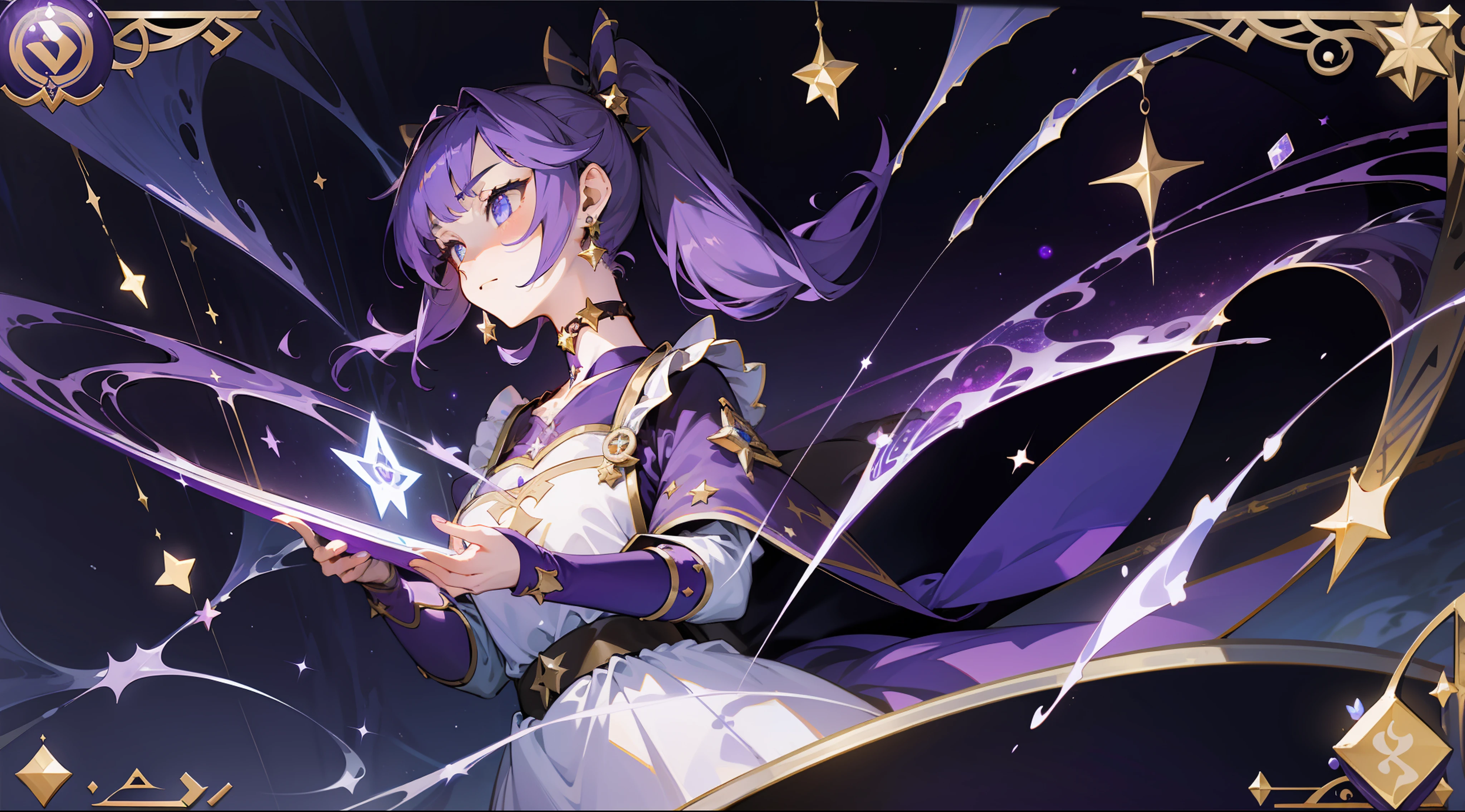 (1 girl), illustration, Mona \(Genshin Impact\), choker, star \(symbol\), witch, blue eyes, shining eyes, dark purple hair, dark purple hair, ponytails, earrings, white apron, purple dress, gold jewelry, landscape, night, water, magic, divination, astrology, tarot cards, spread, fortune-telling, card spread, fortune teller