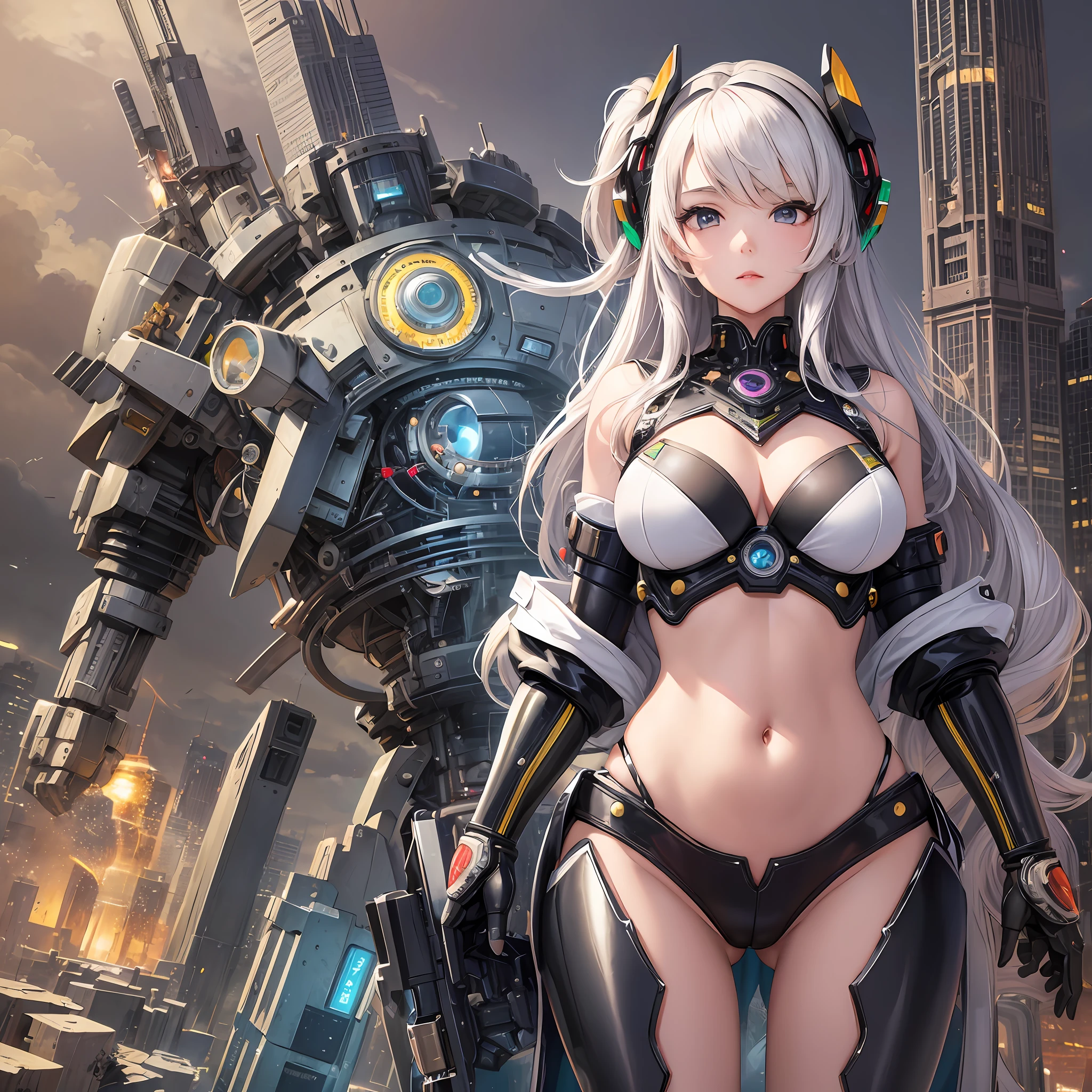 ((masterpiece, highest quality)), illustration, ultra-detailed 8K, realistic, clear focus, highly detailed, professional lighting, colorful details, rainbow color break factory super long shot, (1 large mechanical robot), microchip, computer, luminescence, complex details, shitsumecha, one downscale standing in front of the viewer, navel Japan beautiful girl --auto --s2