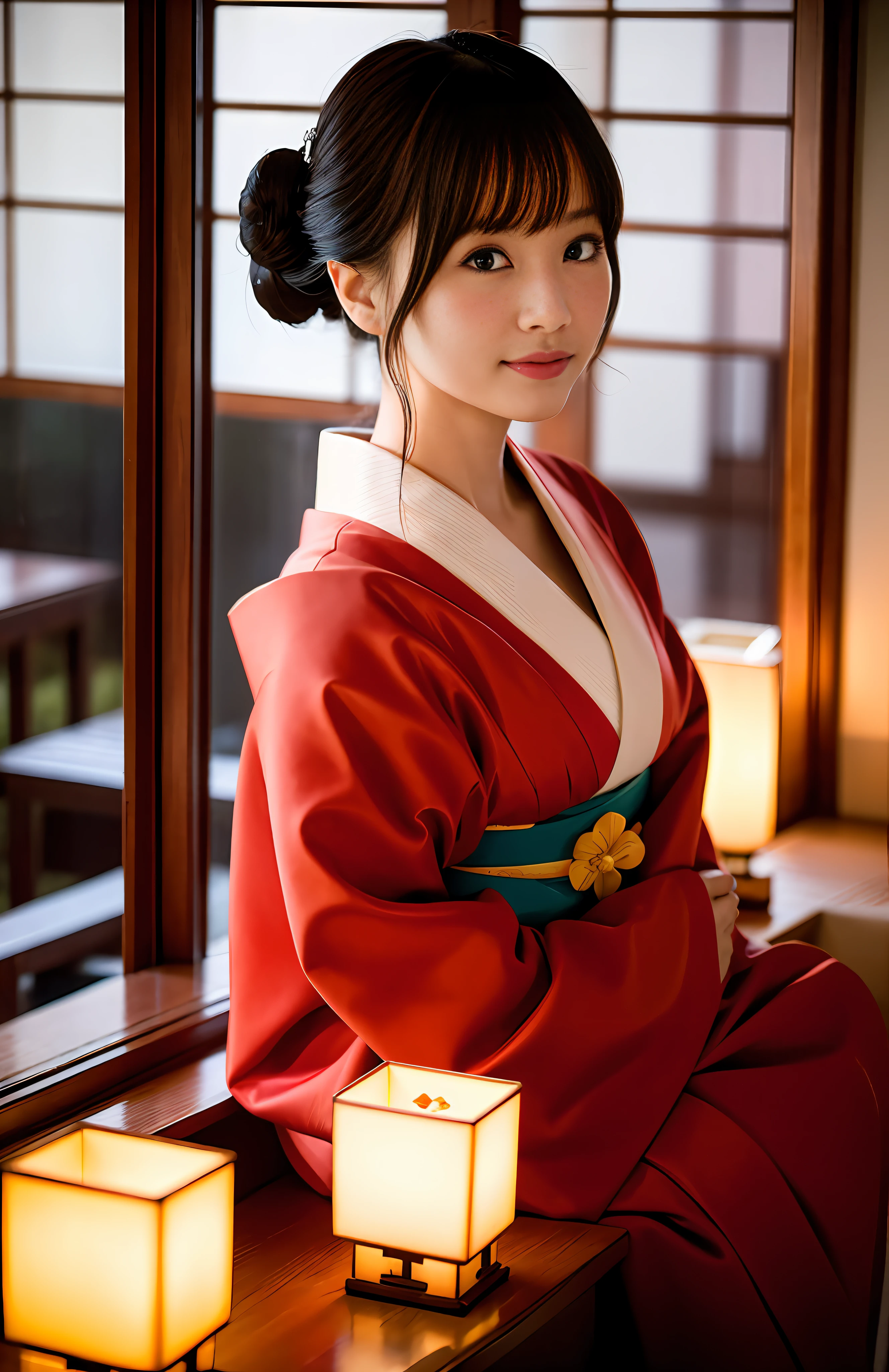 photorealistic, solo, beautiful Japan woman, traditional kimono, natural figure, soft smile, impressive gaze, traditional hairstyle, Japanese room at dusk, sitting by the window, illuminated by city lights, (attractive pose), professional photographer, shallow depth of field, backlit,