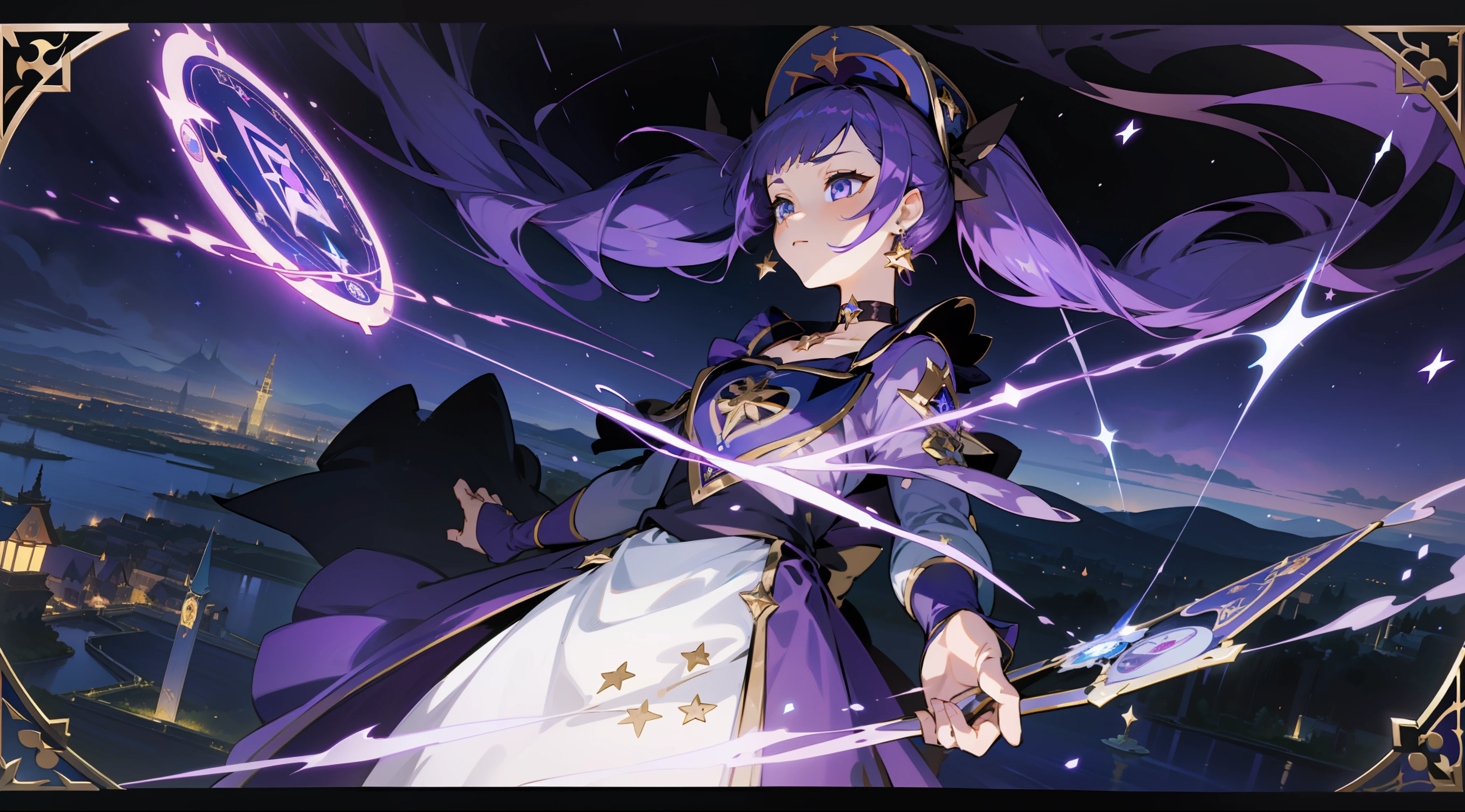 (1 girl), illustration, Mona \(Genshin Impact\), choker, star \(symbol\), witch, blue eyes, shining eyes, dark purple hair, dark purple hair, ponytails, earrings, white apron, purple dress, gold jewelry, landscape, night, water, magic, divination, tarot cards, spread, fortune-telling, card spread, fortune teller