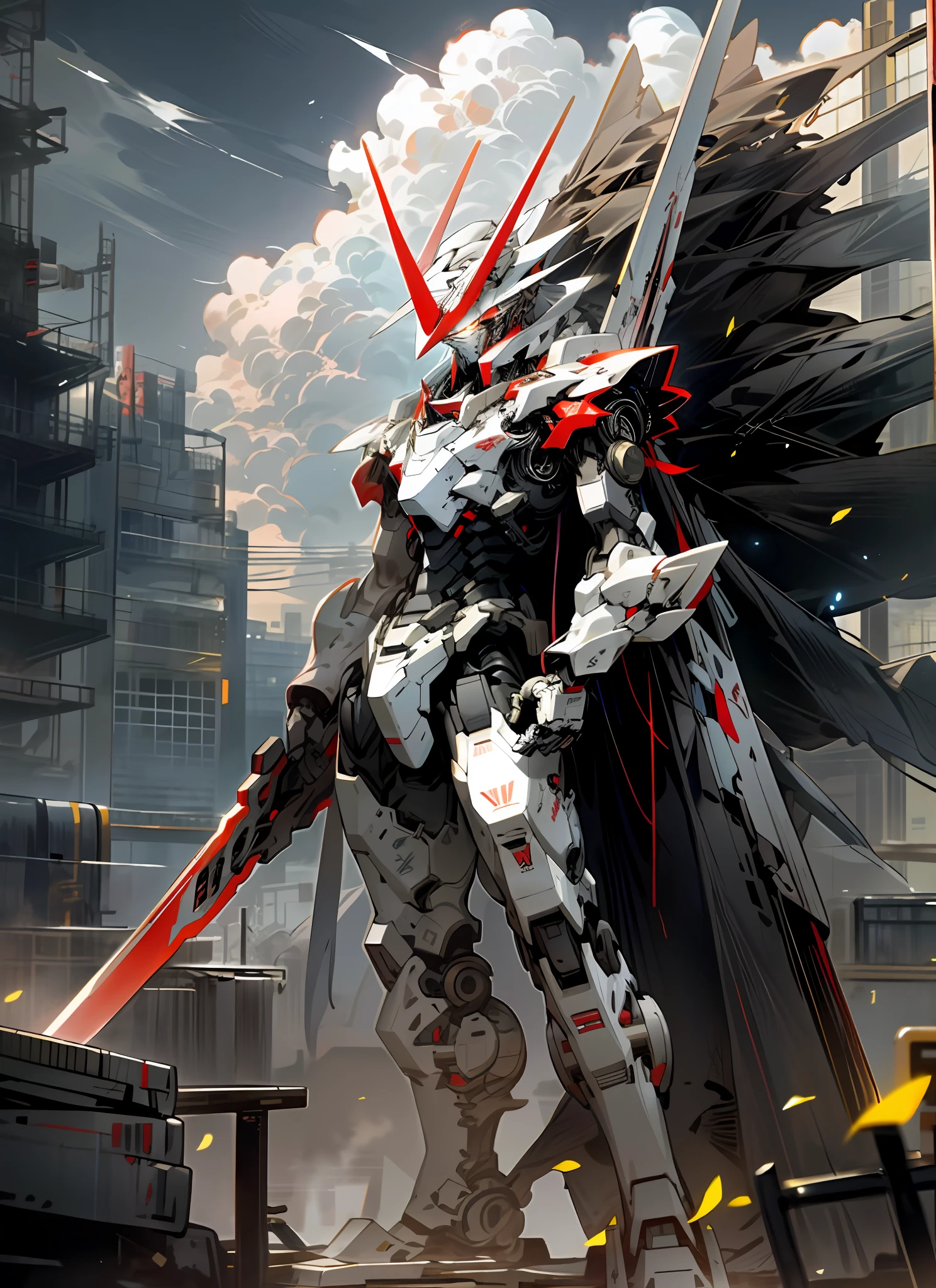 Sky, clouds, holding_weapon, no_humans, luminous, giant robot, red and white color scheme, horns on helmet, broken cape, standing on the earth, facing the camera, architecture, glowing_eyes, mecha, science fiction, city, reality, mecha