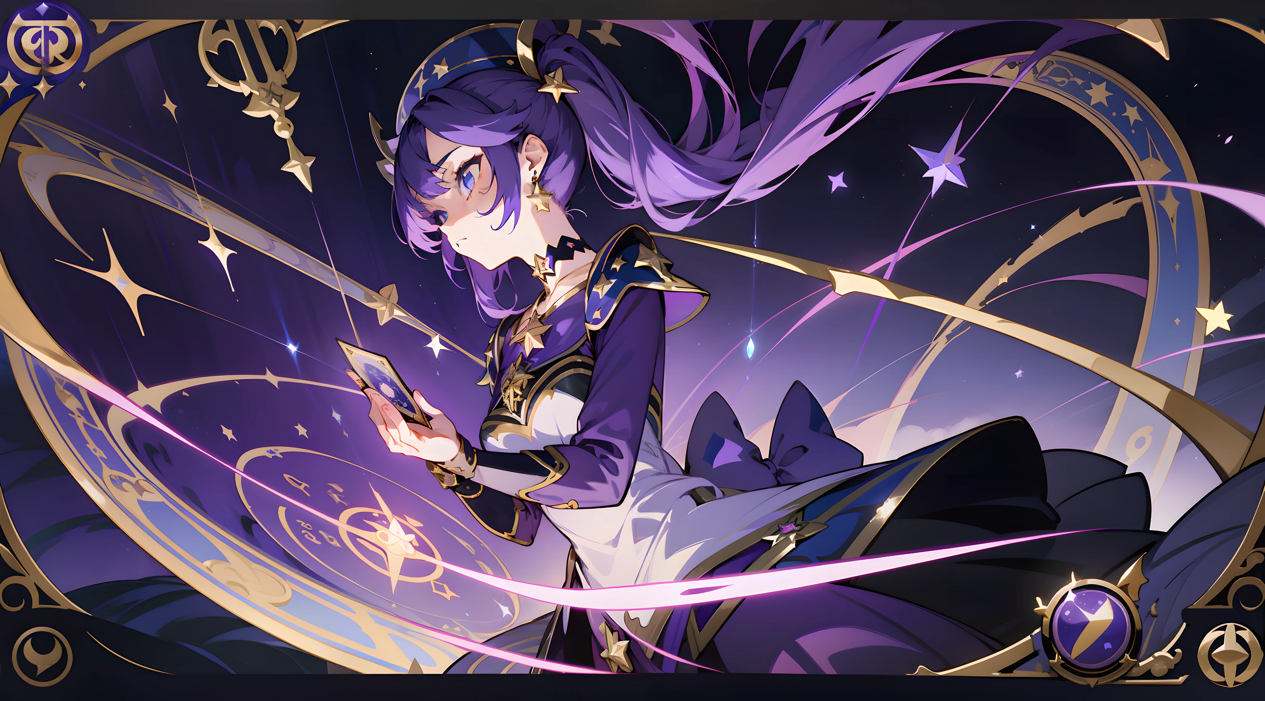 (1 girl), illustration, Mona \(Genshin Impact\), choker, star \(symbol\), witch, blue eyes, shining eyes, dark purple hair, dark purple hair, ponytails, earrings, white apron, purple dress, gold jewelry, landscape, night, water, magic, divination, astrology, tarot cards, spread, fortune-telling, card spread, fortune teller