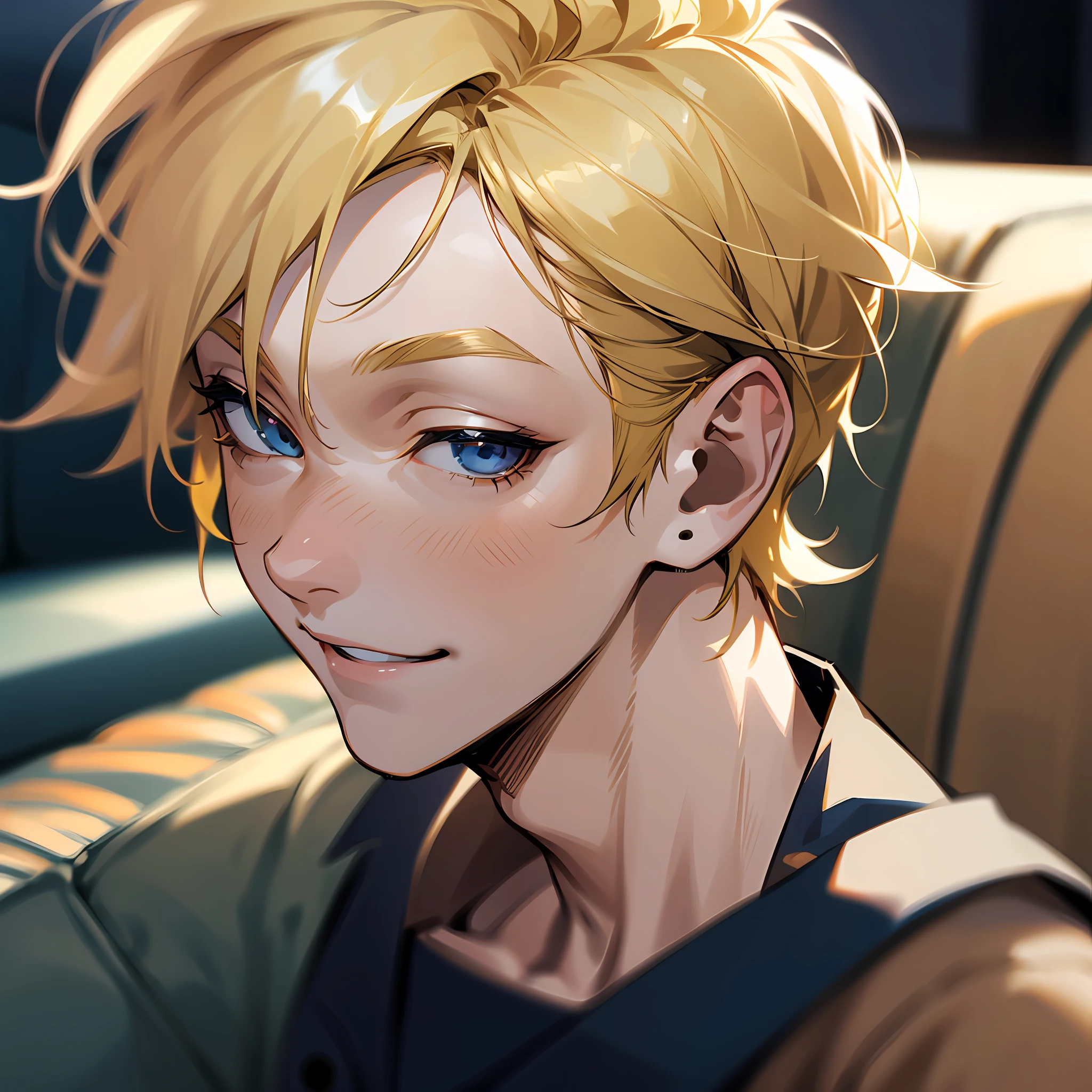 1boy, (blonde hair) (smile:0.992),punk fashion,(angle, face close-up:1.2) (indoor, navy couch, ) (background blurry:1.4) --auto --s2