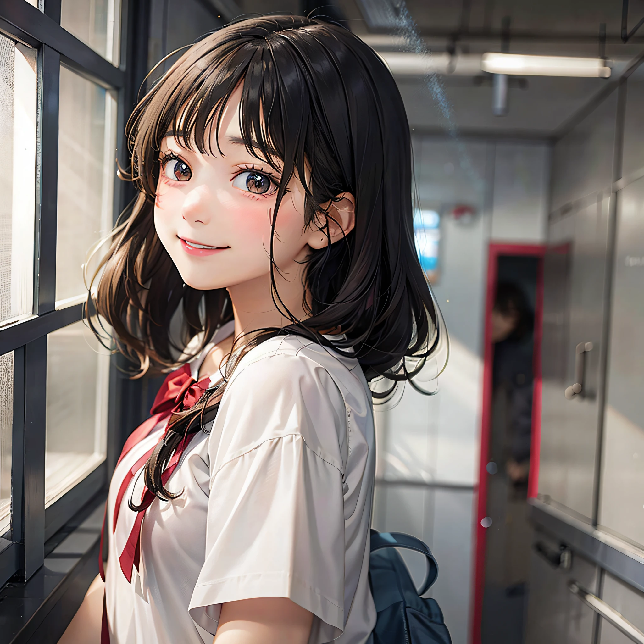 Bob-hair,14-year-old girl,school,hallway,jersey,dead eyes,smiling,chubby,profile,