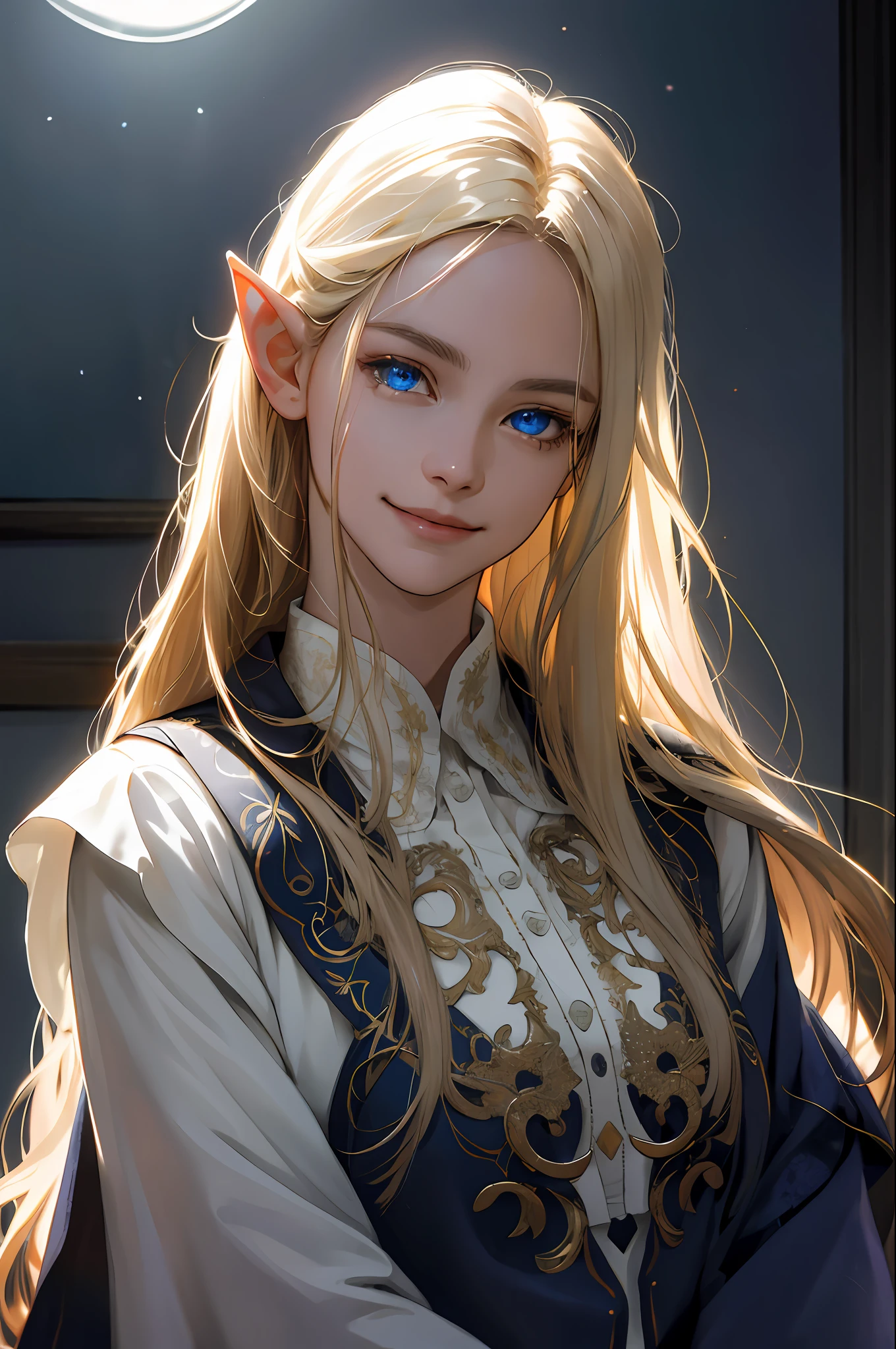(movie light), (high resolution, super detail), elf, ((pretty face)), 1 woman, 16 years old, straight long hair, beautiful golden hair, blue eyes, bangs, fine eyes and detailed face, intricate details, lowered hair, untied hair, solo, detailed background, detailed face, (white clothes), bedroom, faint moonlight, backlight, sad atmosphere, portrait, blurry background, smile, (dark shadow), Mysterious, ((low saturation)), (gentle look), relaxed atmosphere, hands down