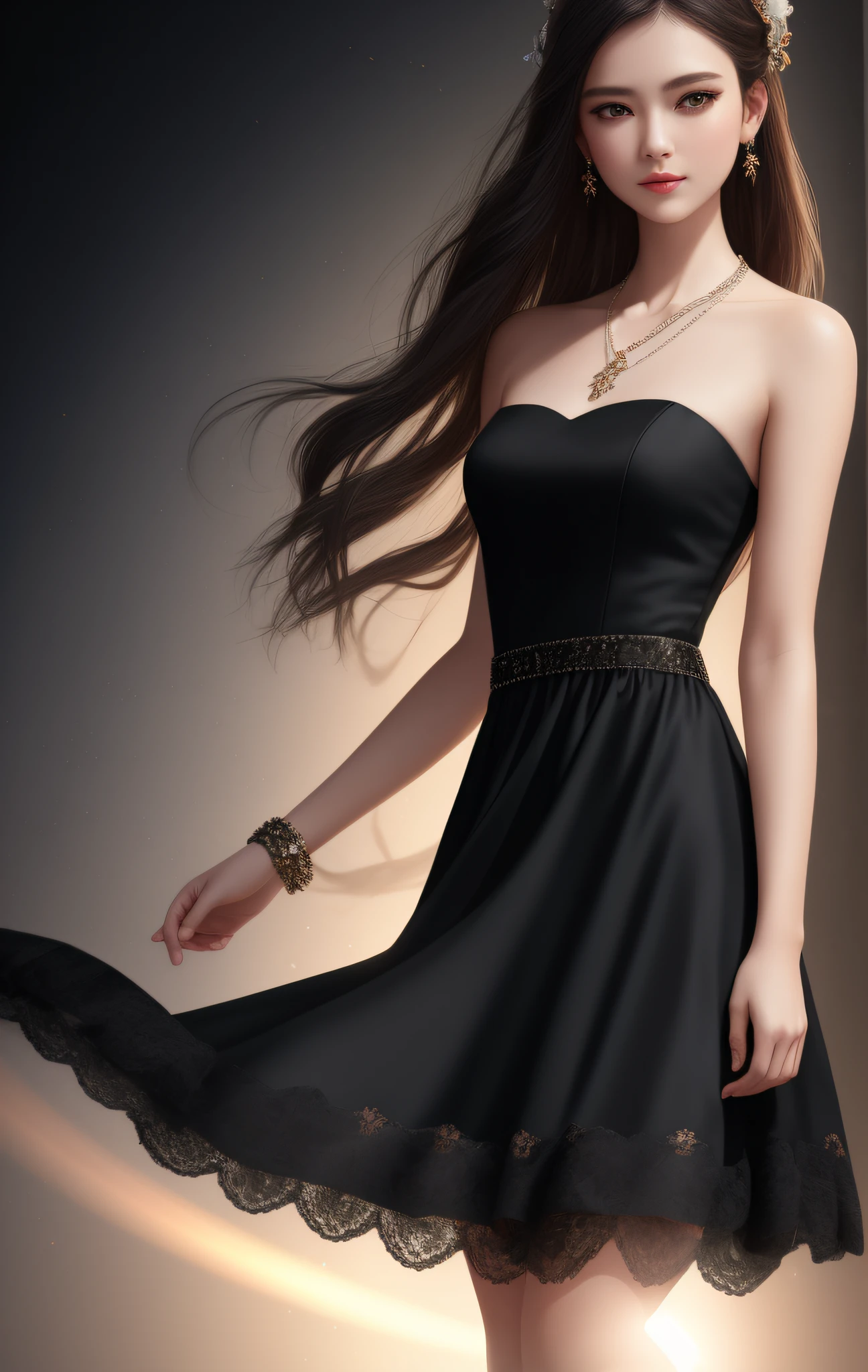 Best Quality, Masterpiece, High Resolution, 1 Girl, Porcelain Dress, Hair Accessories, Necklace, Jewelry, Beautiful Face, Physics, Tyndall Effect, Realism, Dark Studio, Edge Lighting, Two-tone Lighting, (High Detail Skin: 1.2), 8k UHD, DSLR, Soft Light, High Quality, Volumetric Light, Voyeur, Photo, High Resolution, 4K, 8K, Background Blur, Bandeau, Full Body Long Legs, Black Gauze Dress